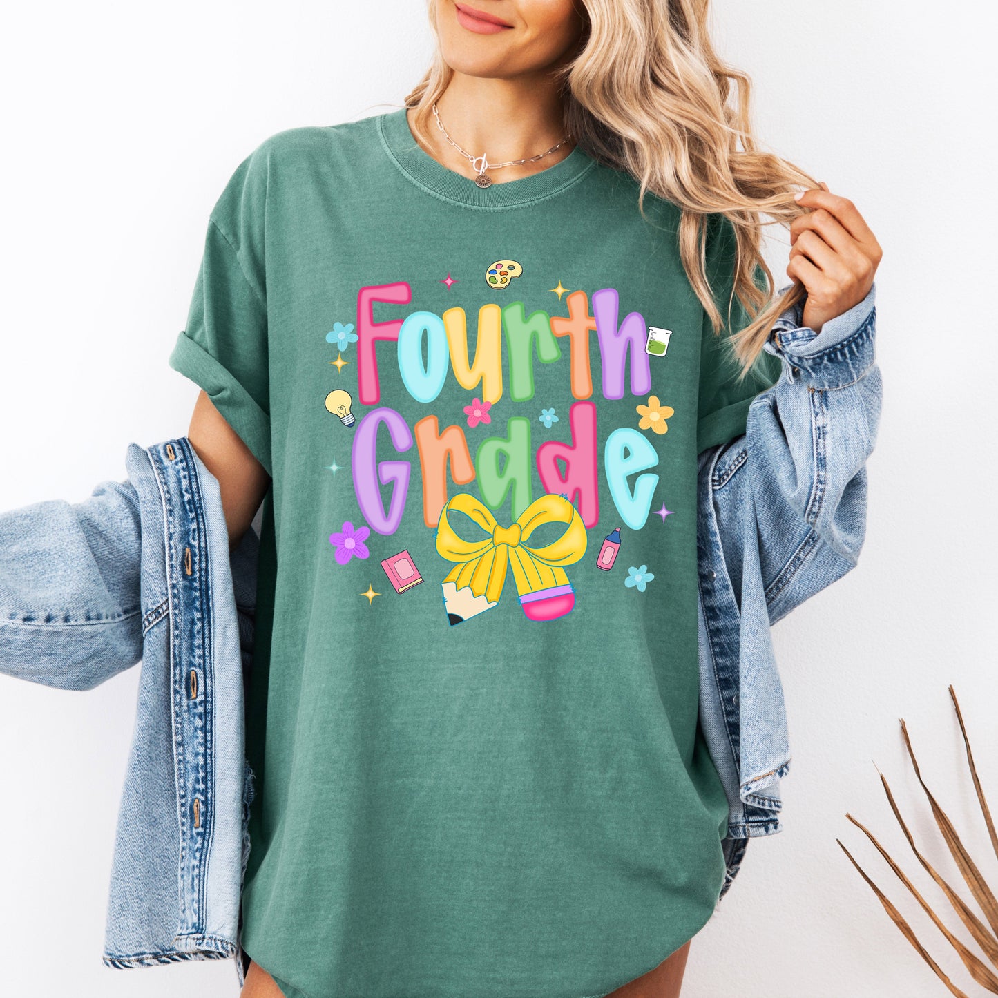 Fourth Grade, Teacher, Back to School, Neon, Bow, First Day of School, Cute, Teacher Appreciation, Coquette, Comfort Colors T-Shirt