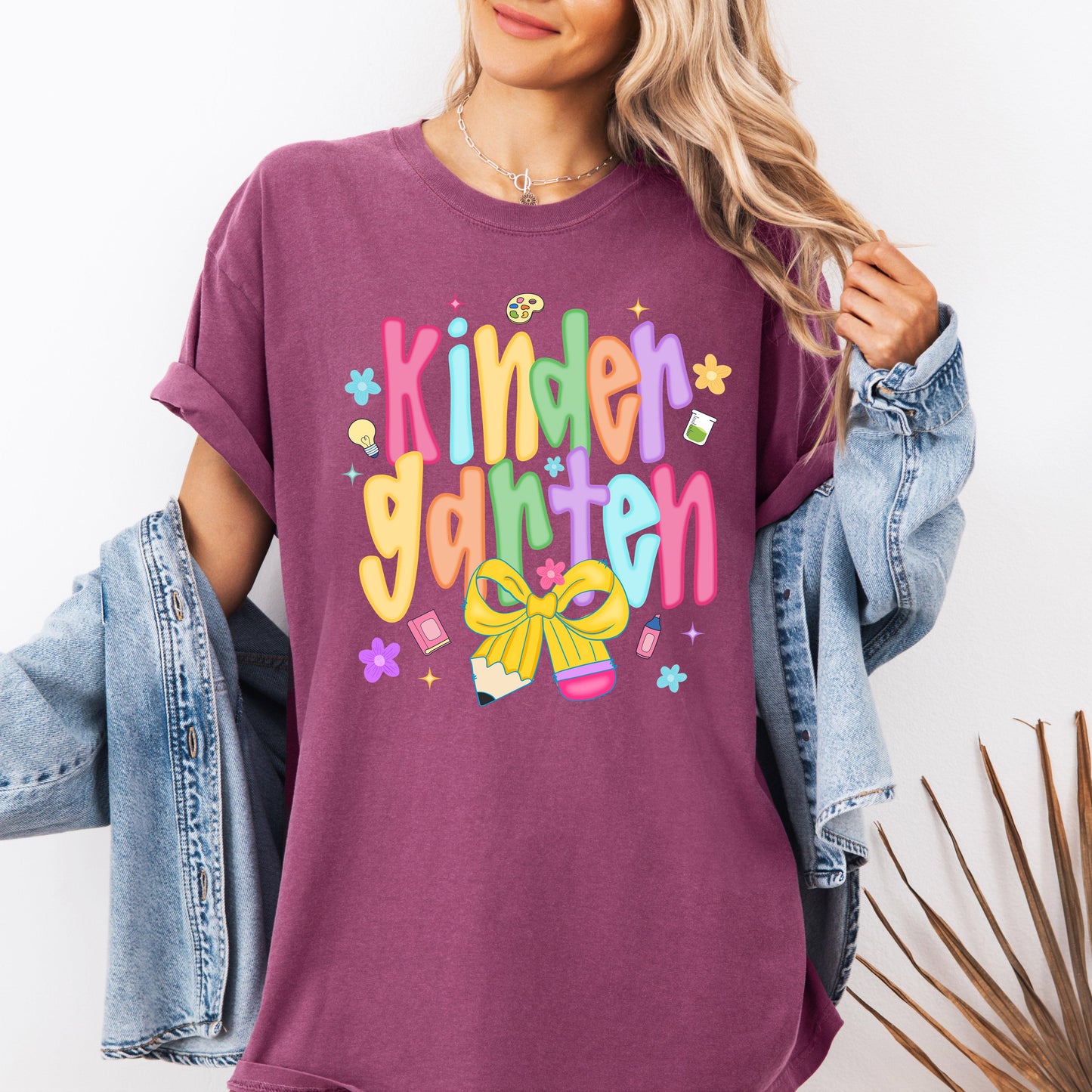 Kindergarten, Teacher, Back to School, Neon, Bow, First Day of School, Cute, Teacher Appreciation, Coquette, Comfort Colors T-Shirt