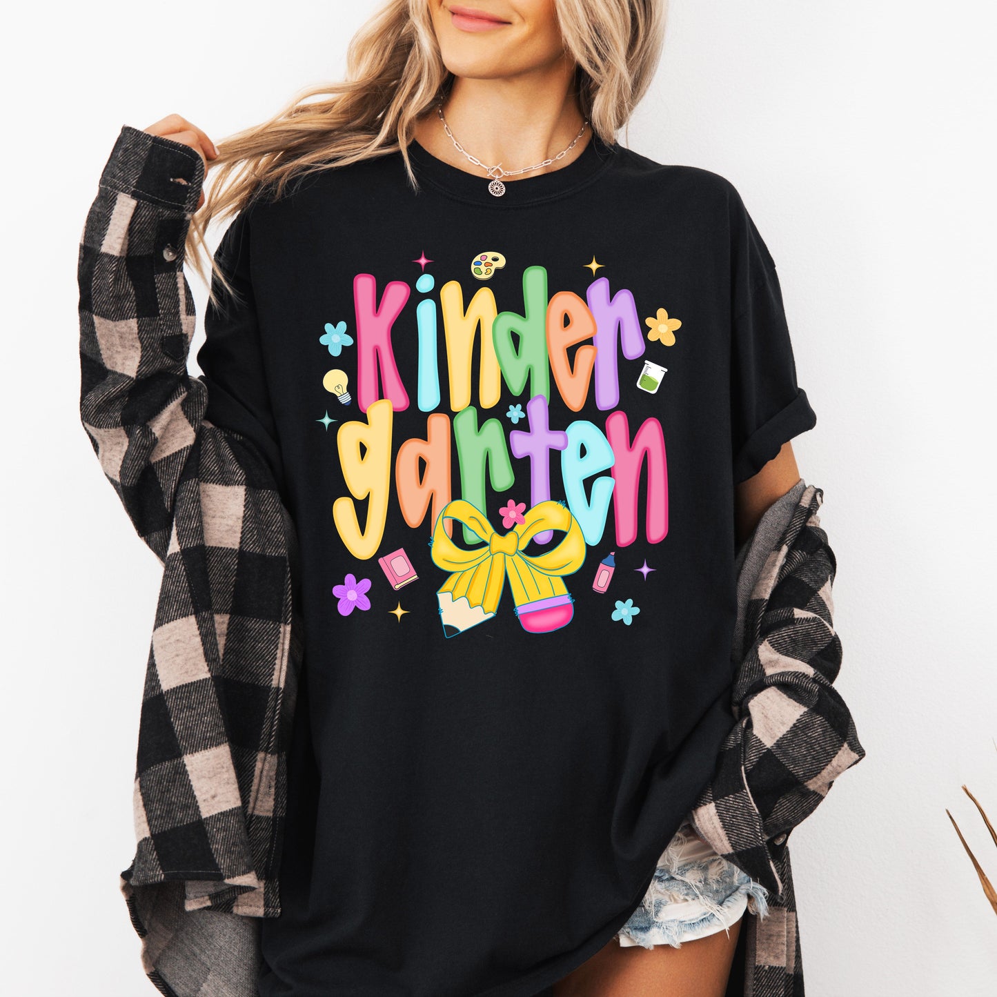 Kindergarten, Teacher, Back to School, Neon, Bow, First Day of School, Cute, Teacher Appreciation, Coquette, Comfort Colors T-Shirt