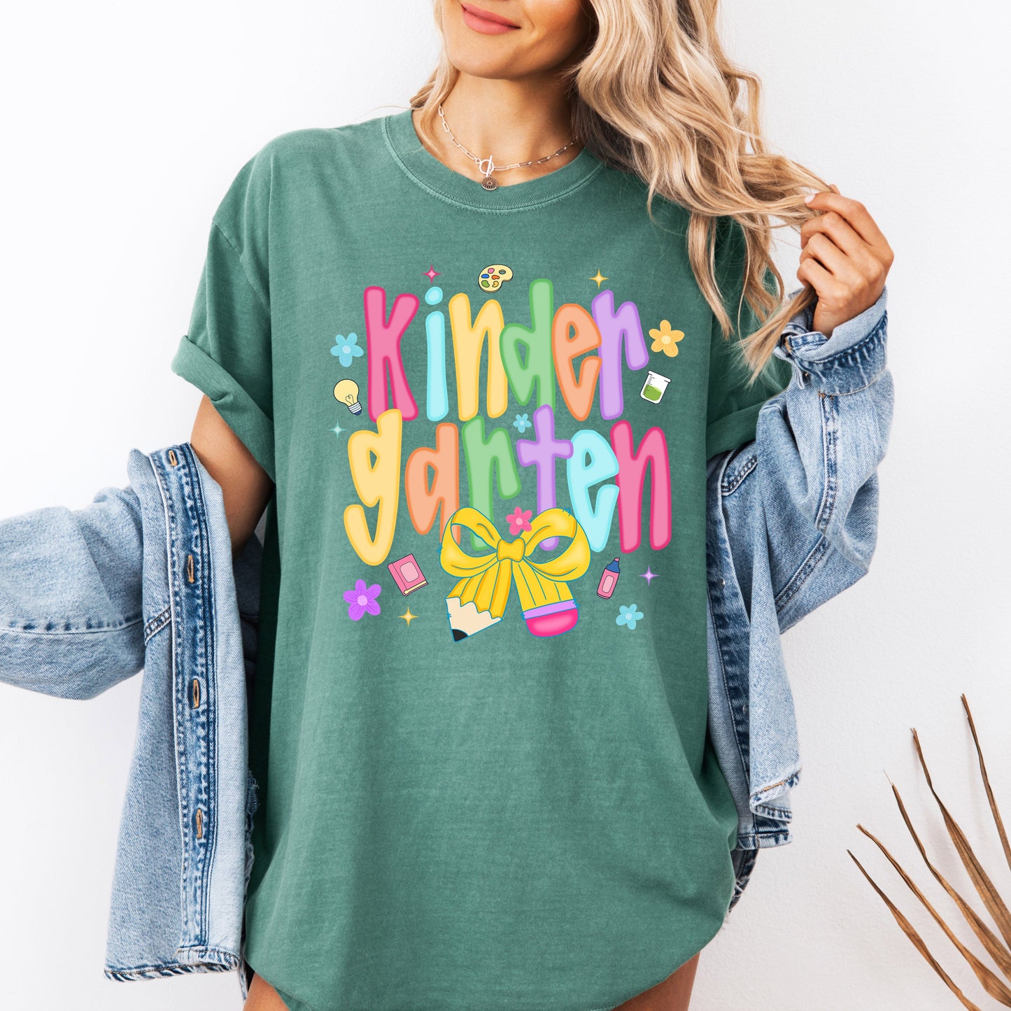 Kindergarten, Teacher, Back to School, Neon, Bow, First Day of School, Cute, Teacher Appreciation, Coquette, Comfort Colors T-Shirt