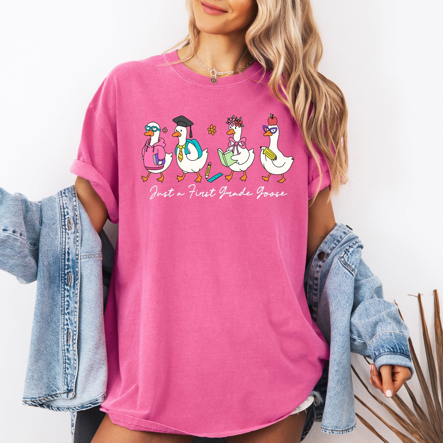Just A First Grade Goose, Teacher, Back to School, Funny, Bow, First Day of School, Cute, Teacher Appreciation, Coquette, Comfort Colors T-Shirt