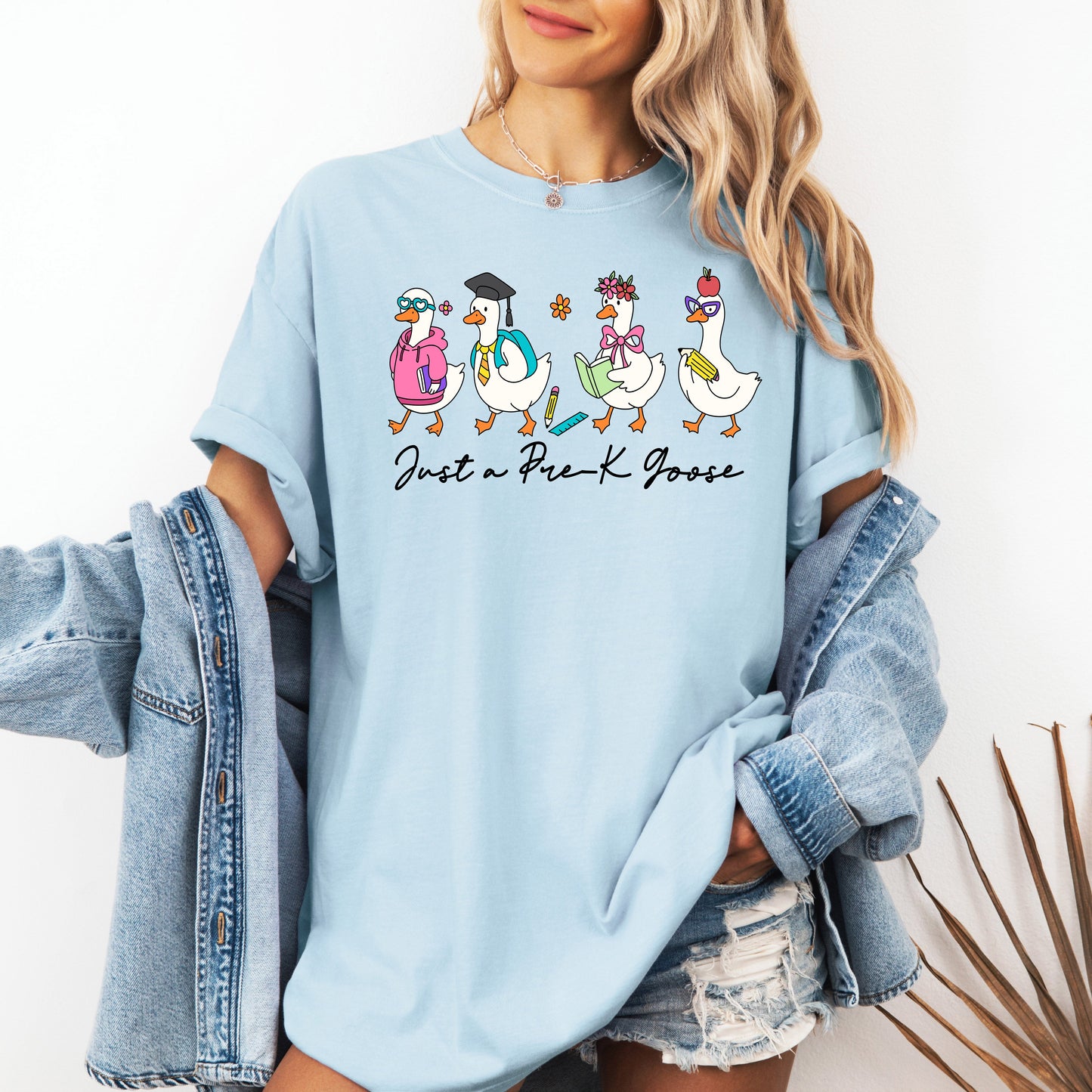 Just A Pre-K Goose, Teacher, Back to School, Funny, Bow, First Day of School, Cute, Teacher Appreciation, Coquette, Comfort Colors T-Shirt