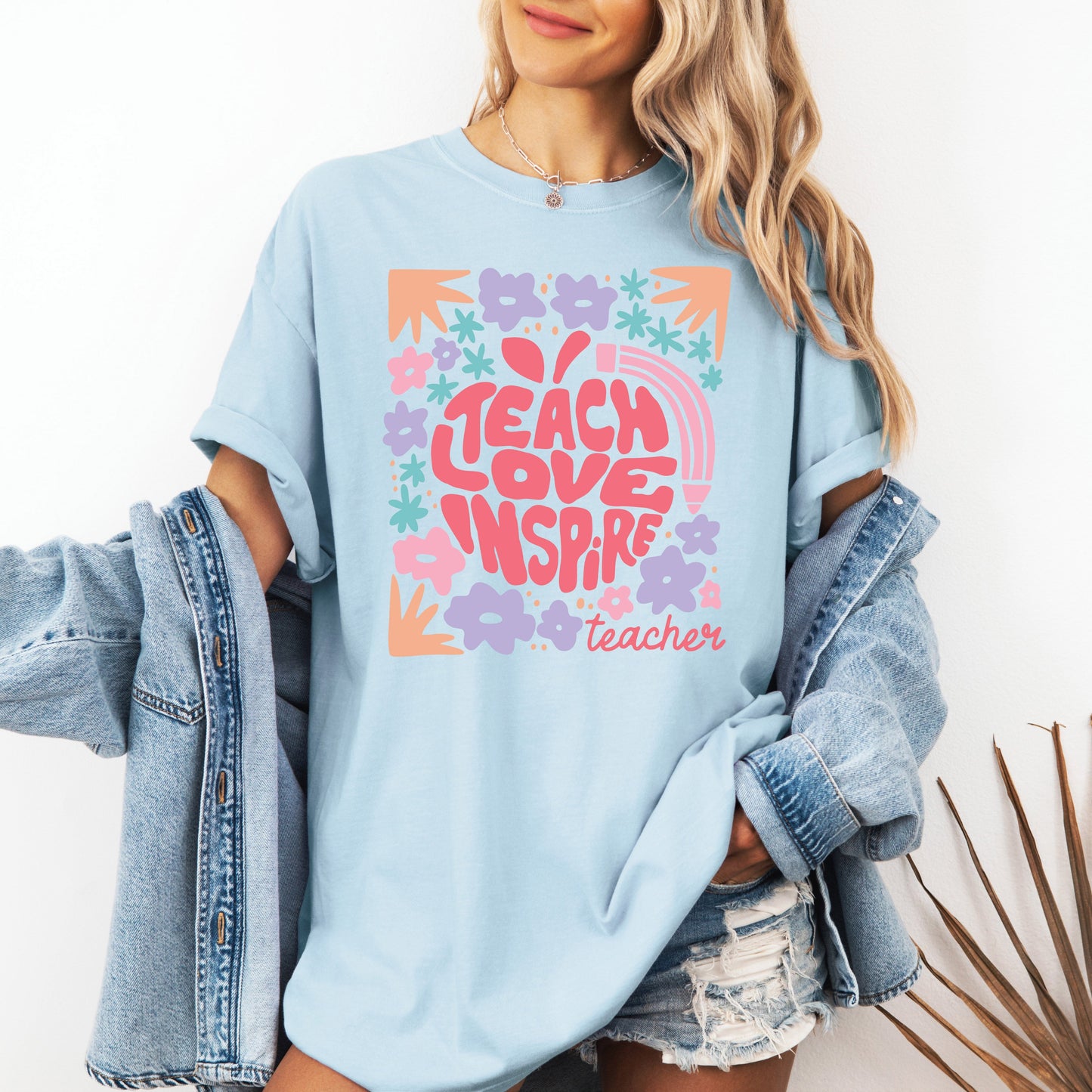 Teach Love Inspire, Teacher, Boho, Floral, Back to School, First Day of School, Cute, Teacher Appreciation, Coquette, Comfort Colors T-Shirt