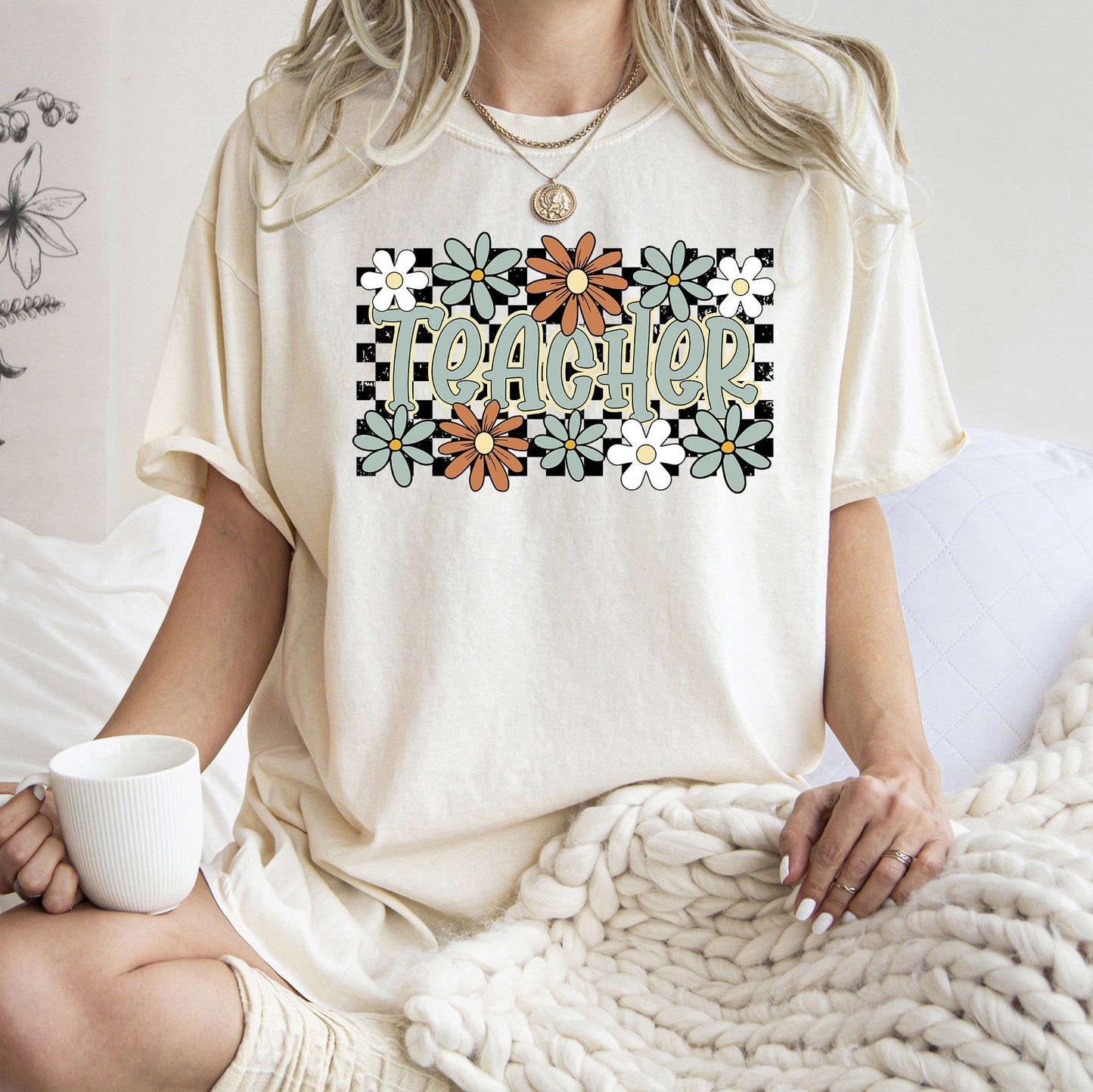 Teacher, Checkered, Floral, Boho, Retro, First Day of School, Cute, Teacher Appreciation, Coquette, Comfort Colors T-Shirt