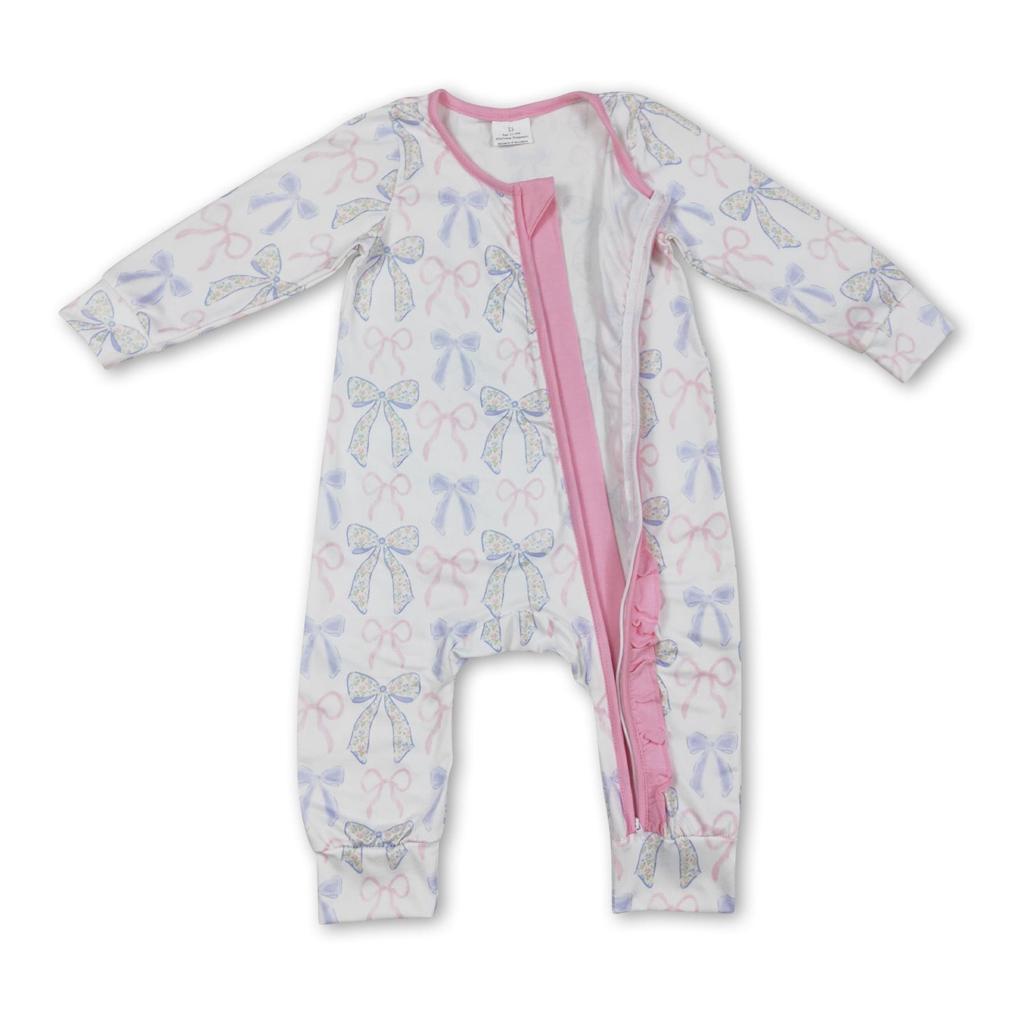 Long sleeves pink ruffle bow baby girls zipper romper