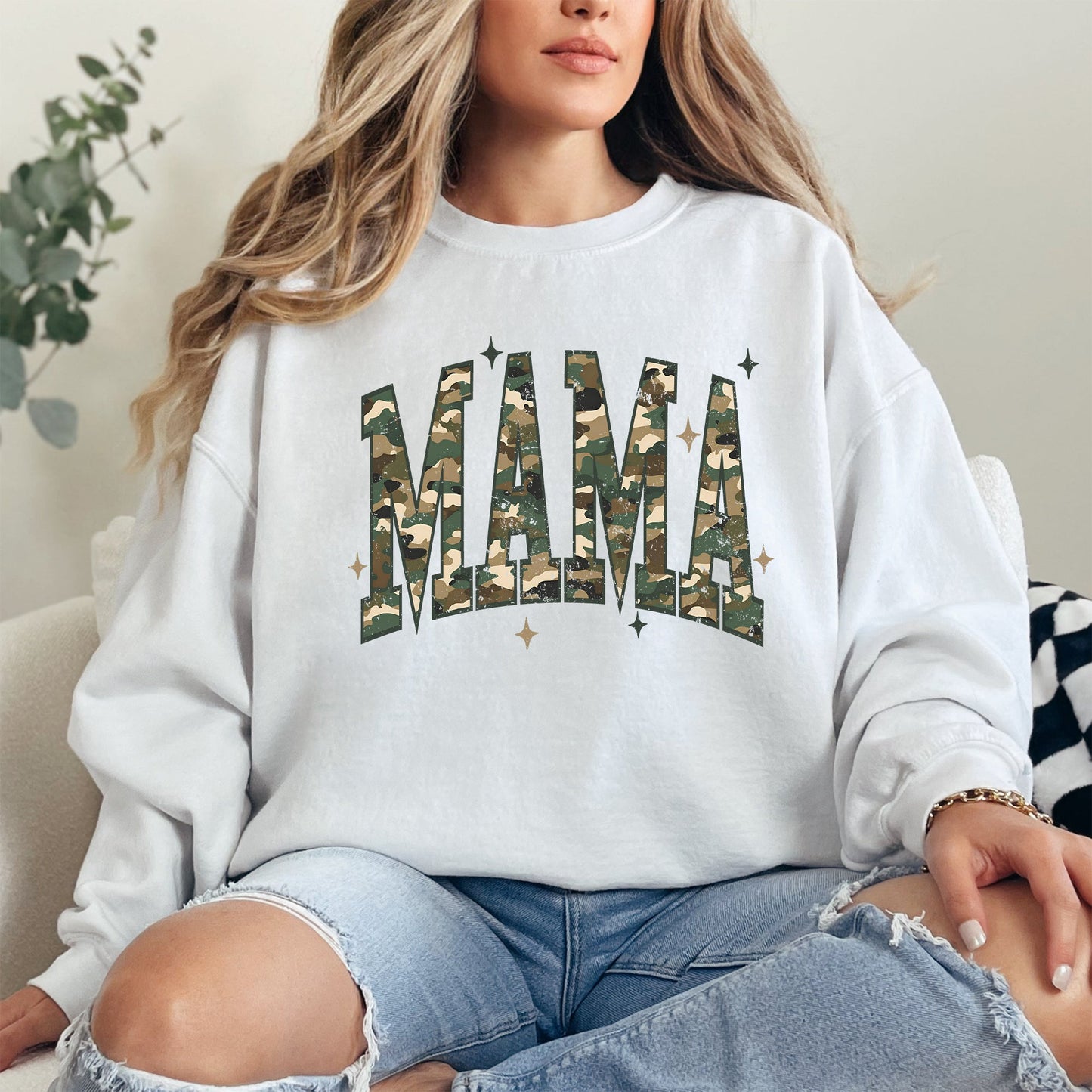 Mama, Camo, Stars, Camouflage, Hunting, Retro, Mother's Day Sweatshirt