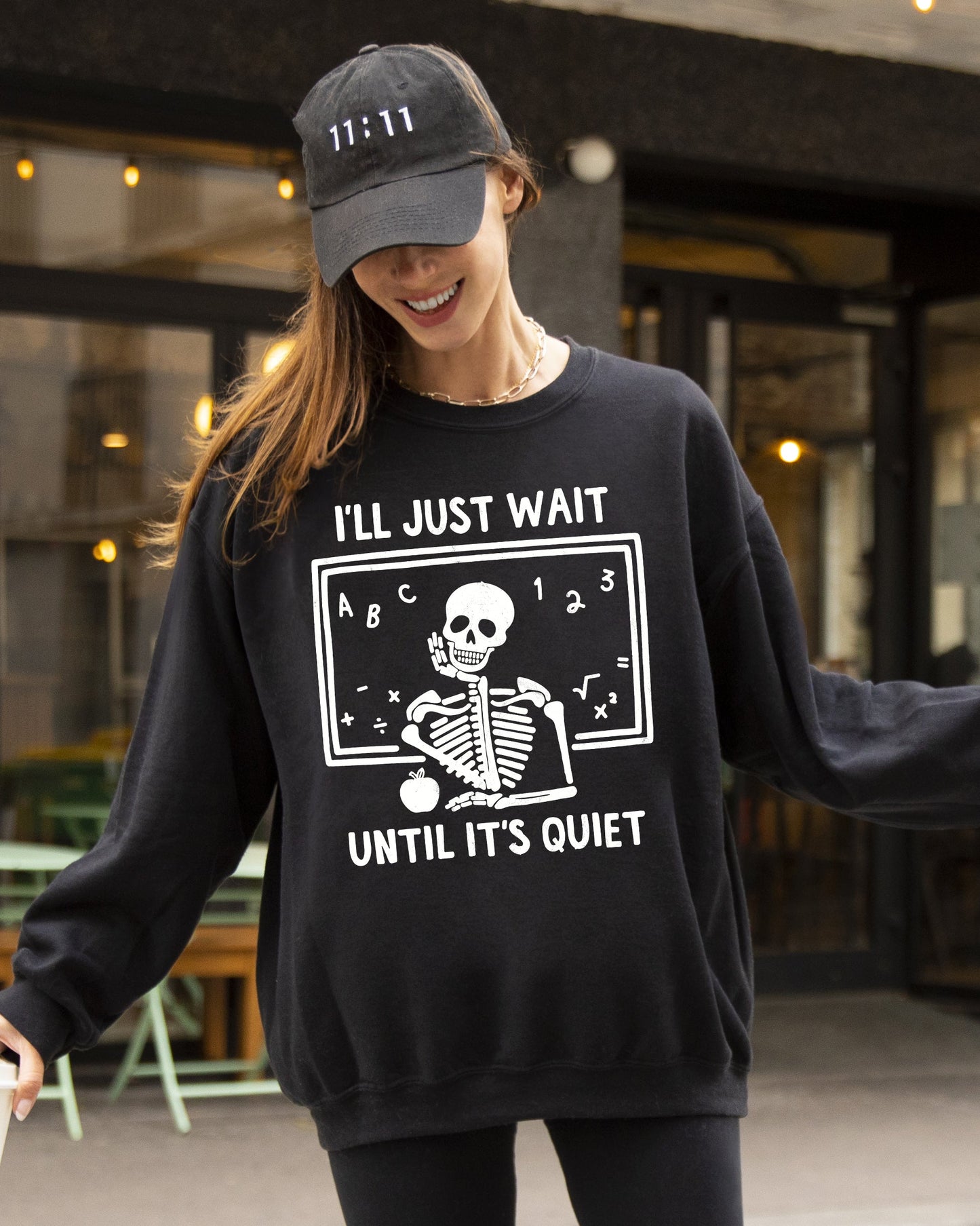 I'll Just Wait, Teacher, Skeletons, Ghost, Western, Witch, Skull, Aesthetic, Meme, Halloween, Costume Sweatshirt