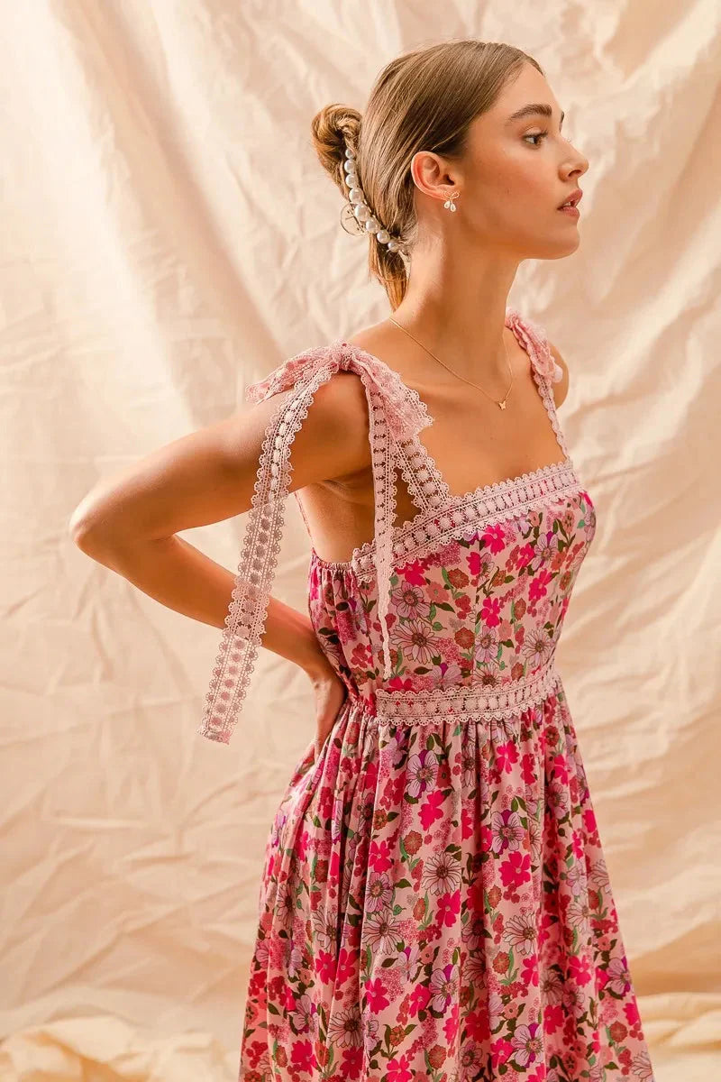 SO ME Floral Maxi Dress with Ribbon Tie Lace Strap