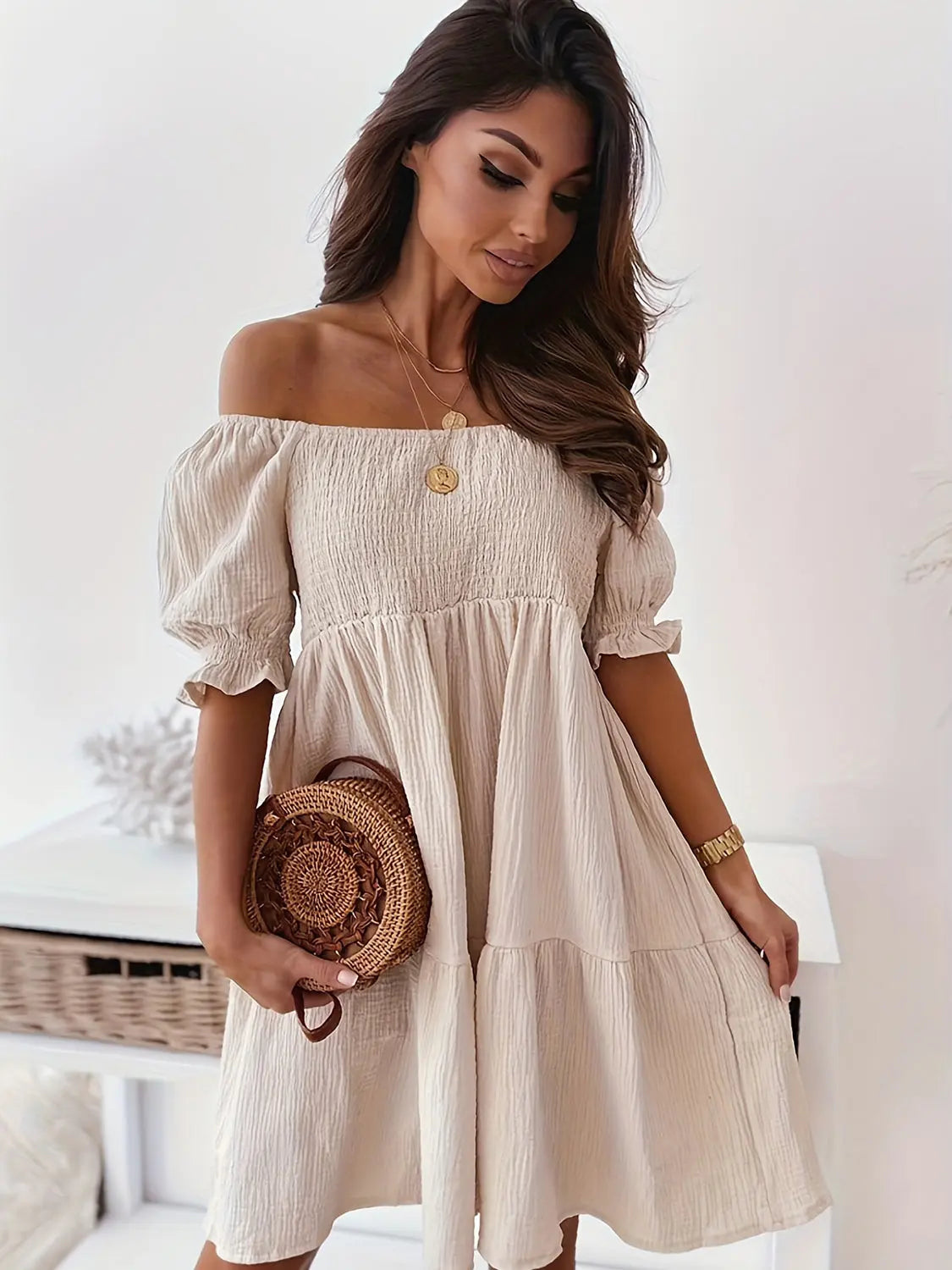 Full Size Ruffled Off Shoulder Short Sleeve Dress