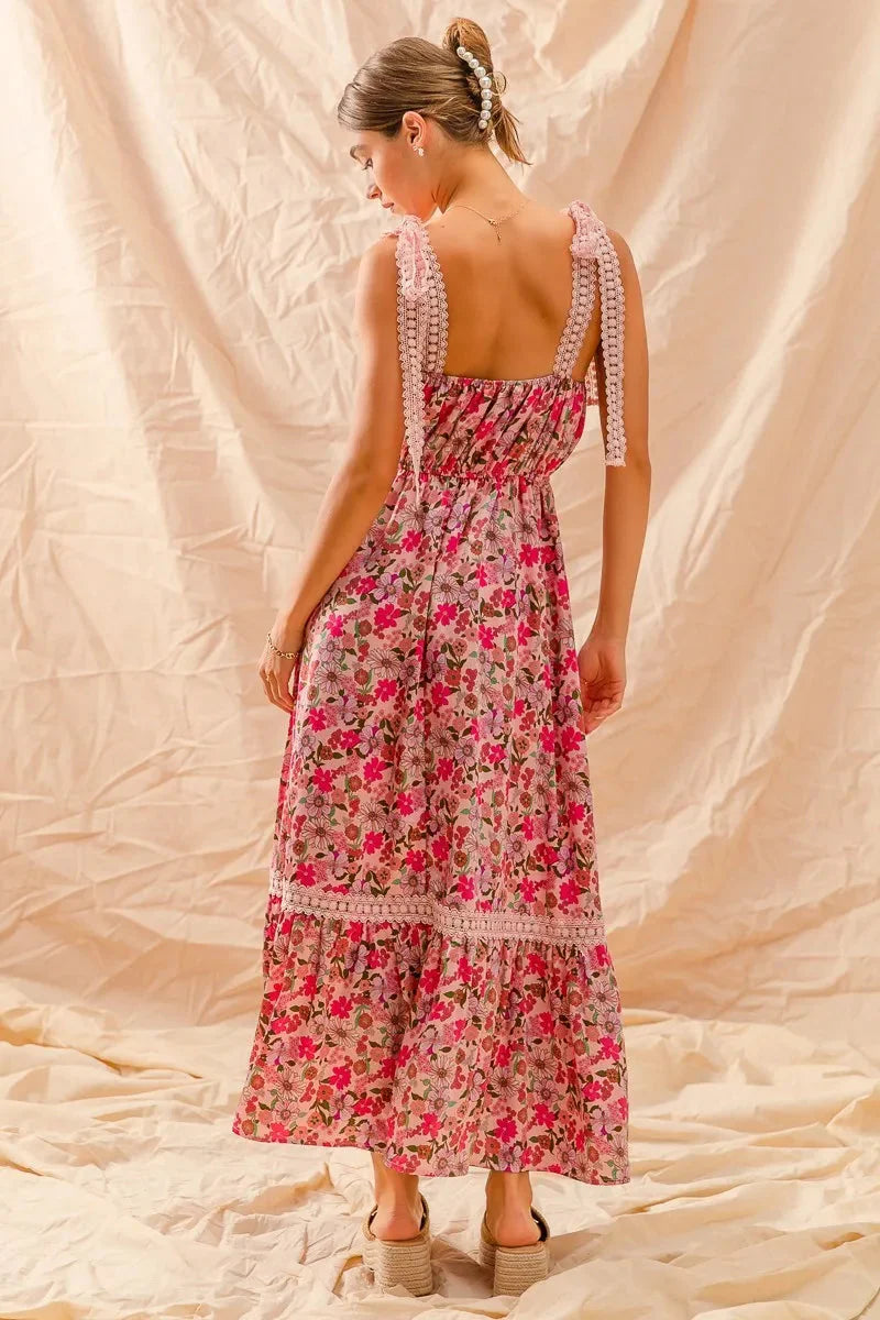SO ME Floral Maxi Dress with Ribbon Tie Lace Strap