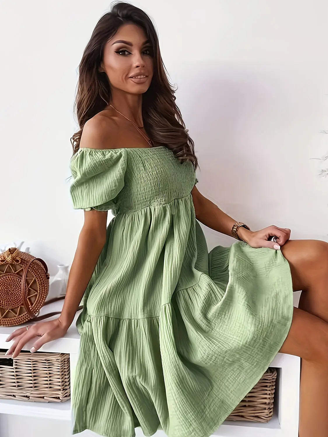 Full Size Ruffled Off Shoulder Short Sleeve Dress