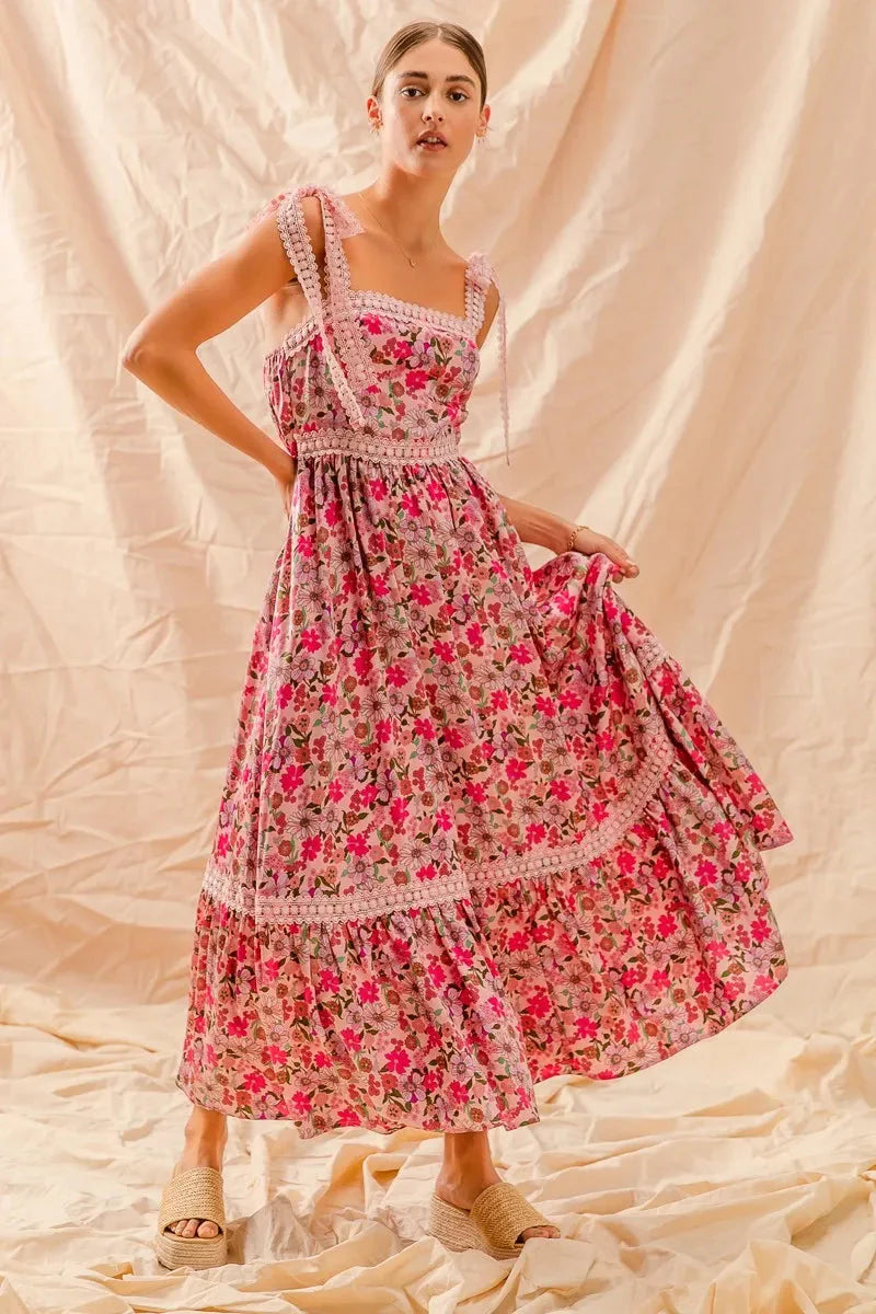 SO ME Floral Maxi Dress with Ribbon Tie Lace Strap