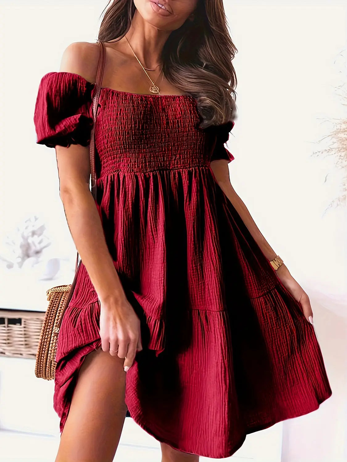 Full Size Ruffled Off Shoulder Short Sleeve Dress