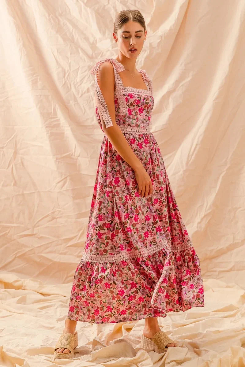 SO ME Floral Maxi Dress with Ribbon Tie Lace Strap