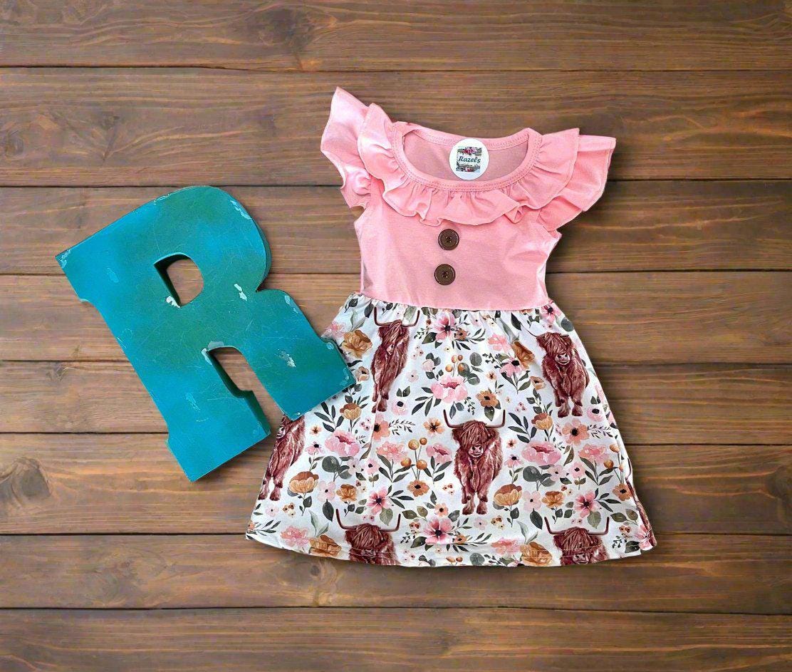 Girls Highland Cow Dress: Floral Western Summer Clothes