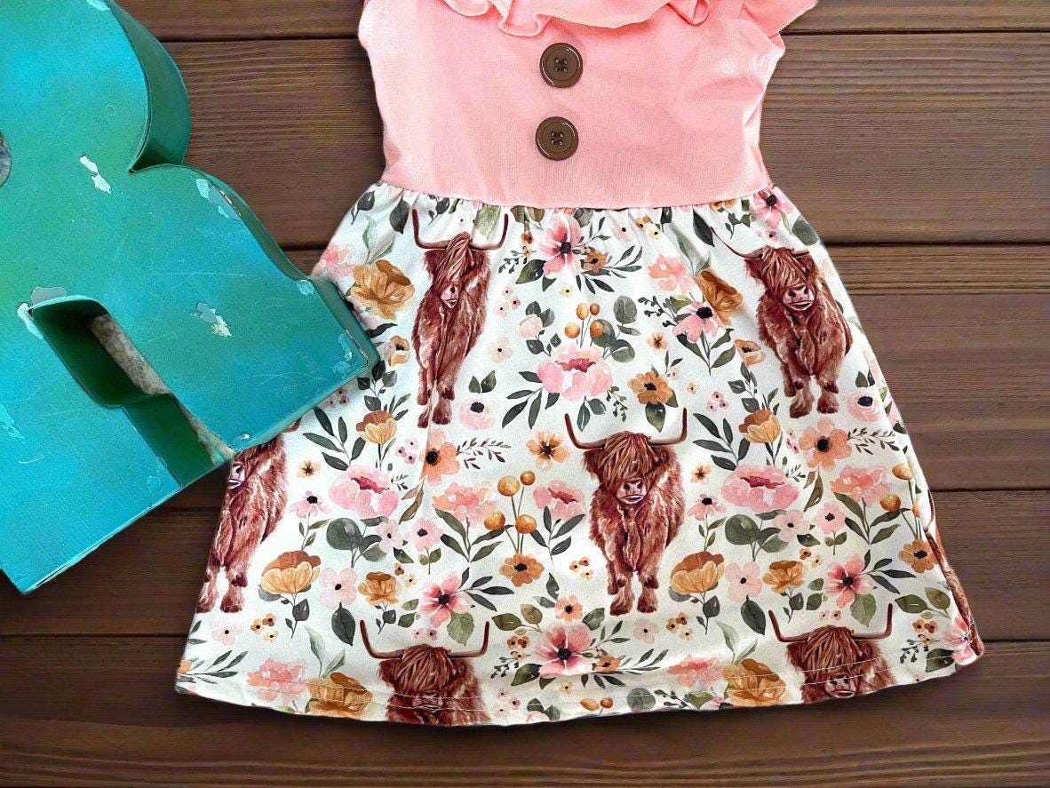 Girls Highland Cow Dress: Floral Western Summer Clothes