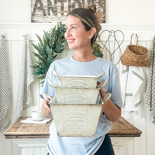 Vintage Inspired Heirloom Garden Supply Metal Planters, Set of Three