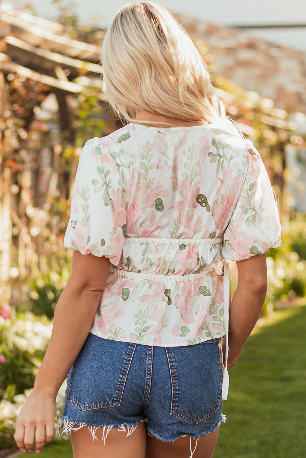 Floral Tied V-Neck Puff Sleeve Peplum Blouse