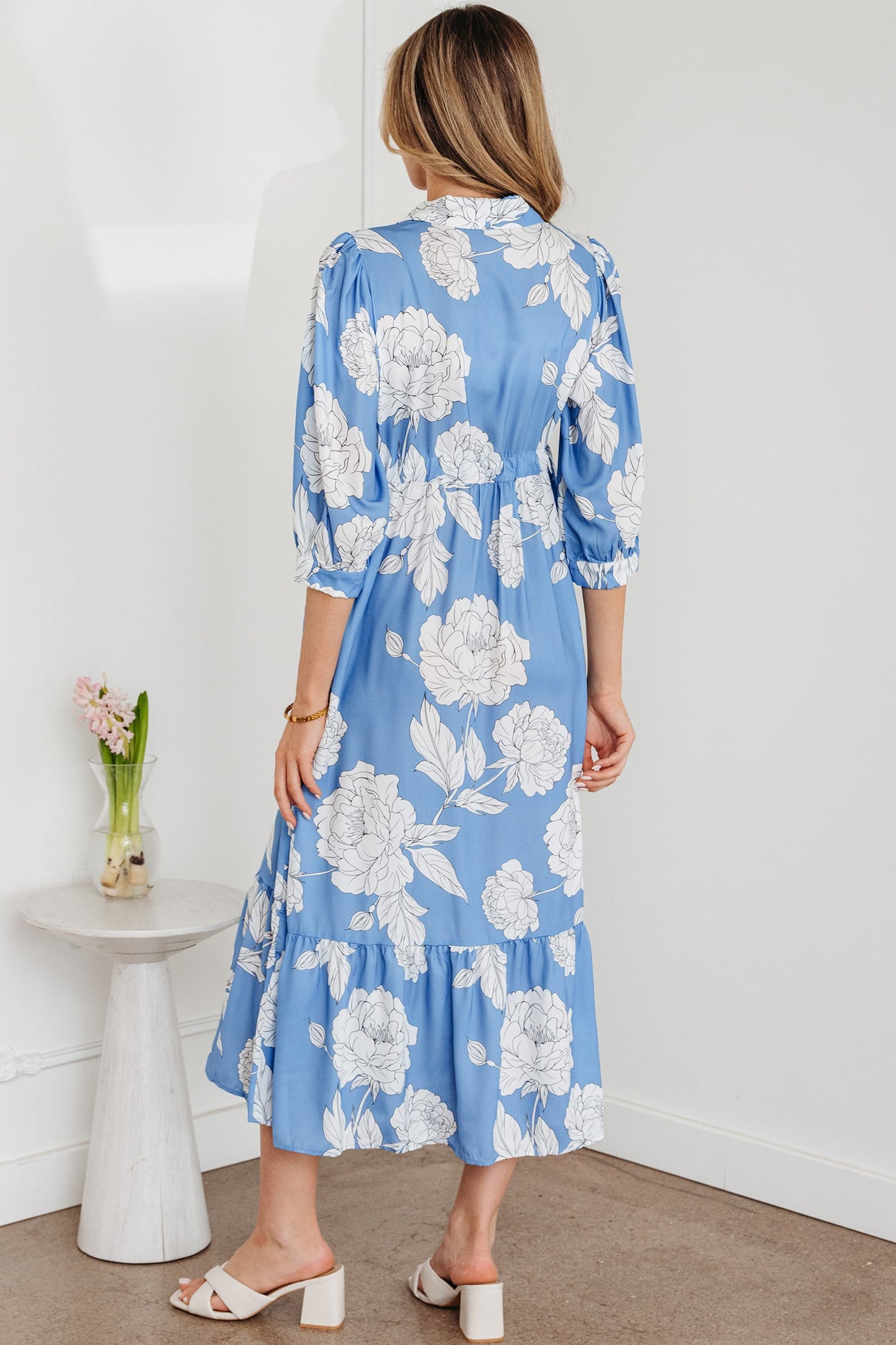 Floral Button-Front 3/4 Sleeve Ruffle Hem Dress