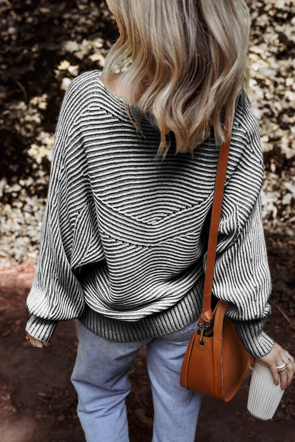 Stripe Ribbed Knit Boat Neck Sweater