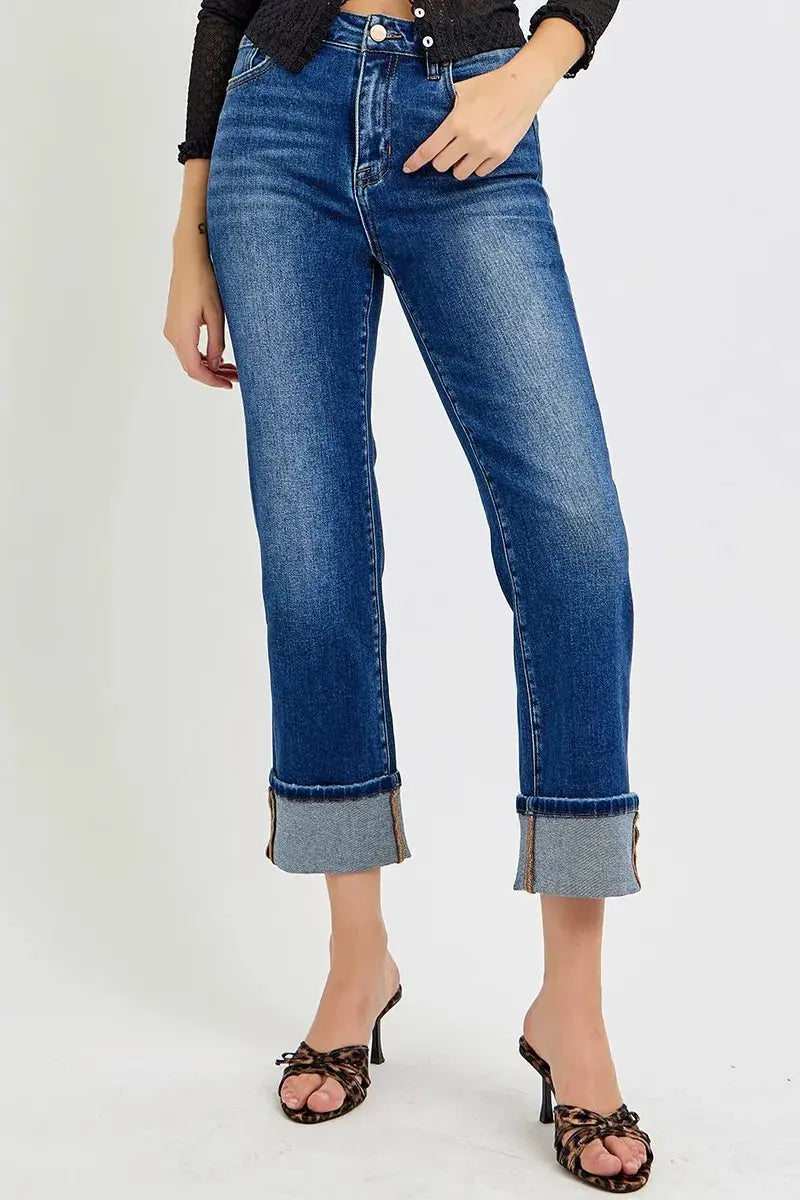 Full/Plus Size High Rise Ankle Straight Cuffed RISEN Jeans