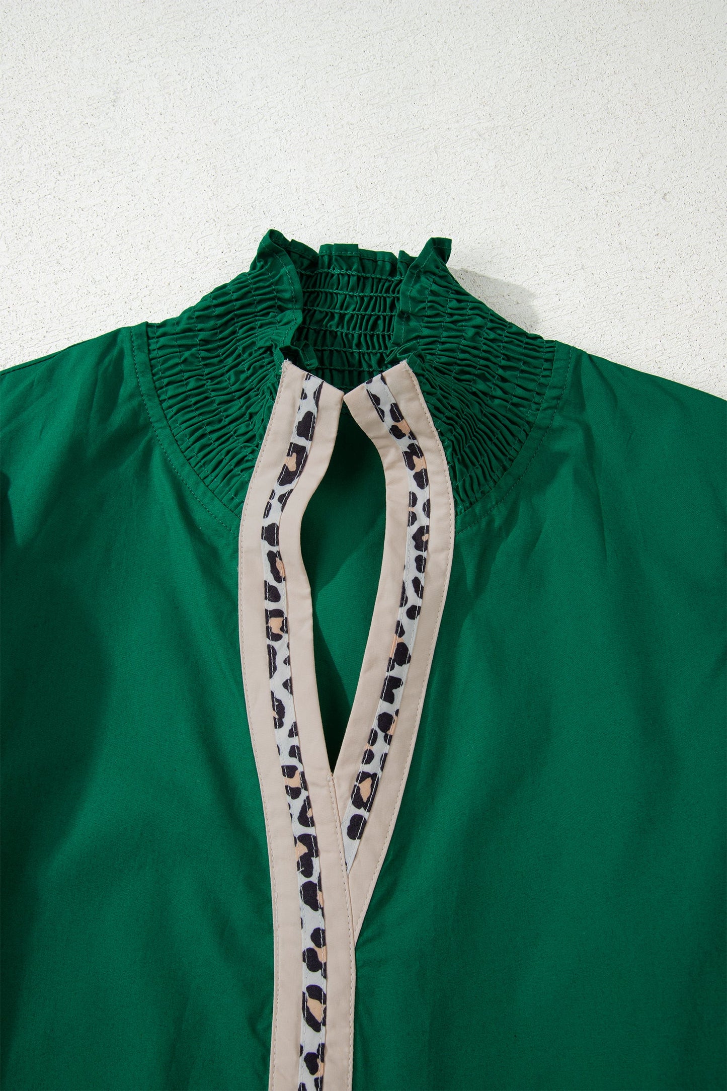 Leopard Trim V-Neck Puffy Flounce Sleeve Blouse