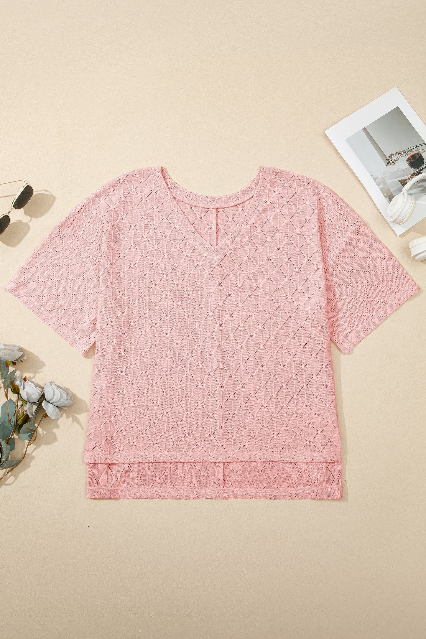 Plus Size Rhombus Pointelle Knit V-Neck Top