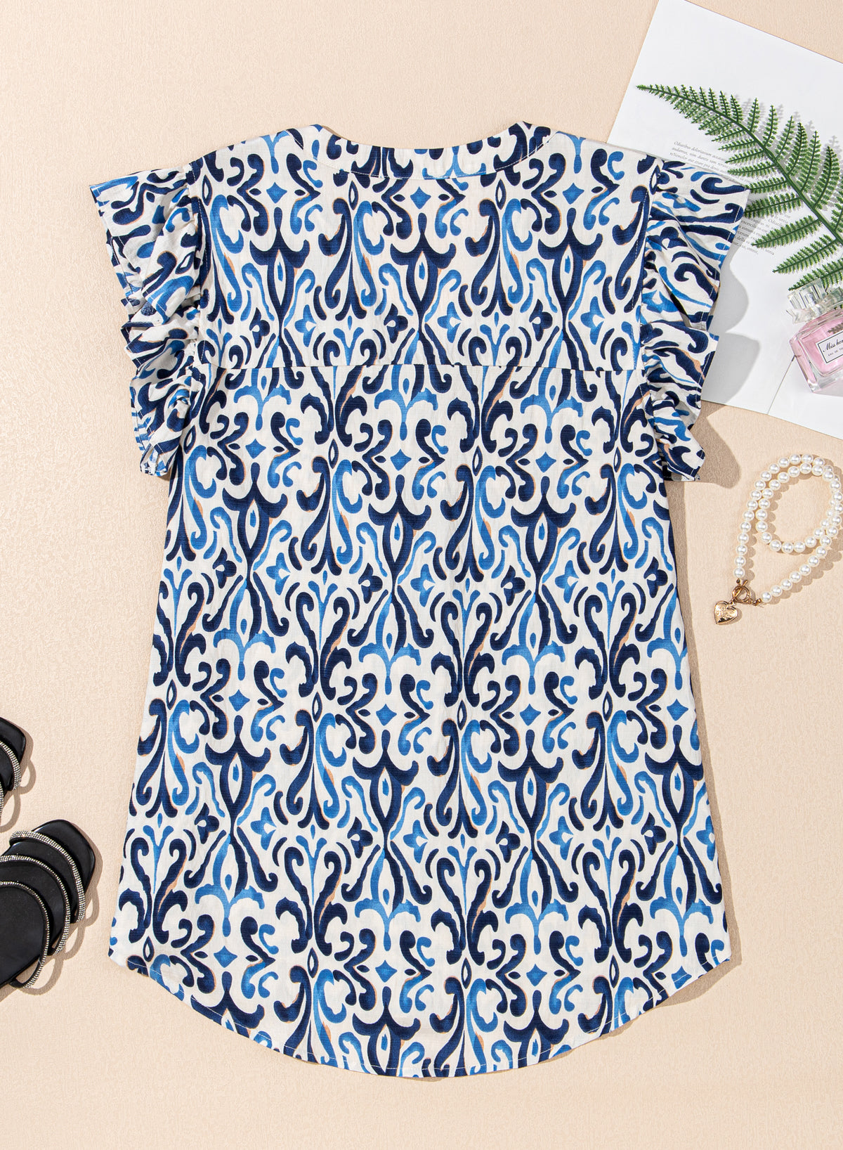 Abstract Boho V-Neck Pintuck Ruffle Sleeve Top