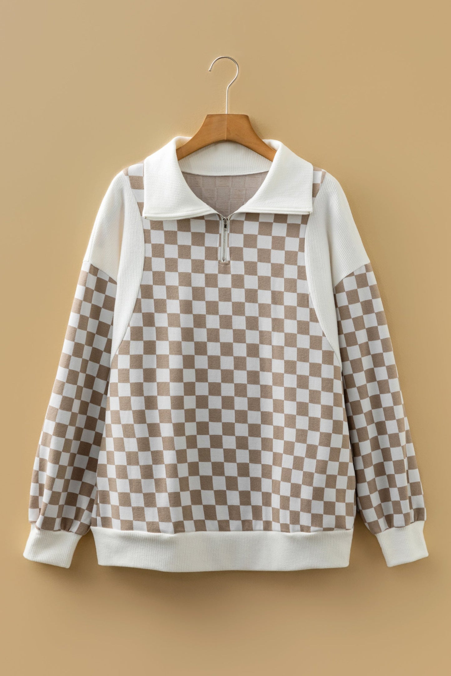 Checker Ribbed Patchwork Quarter Zip Sweatshirt