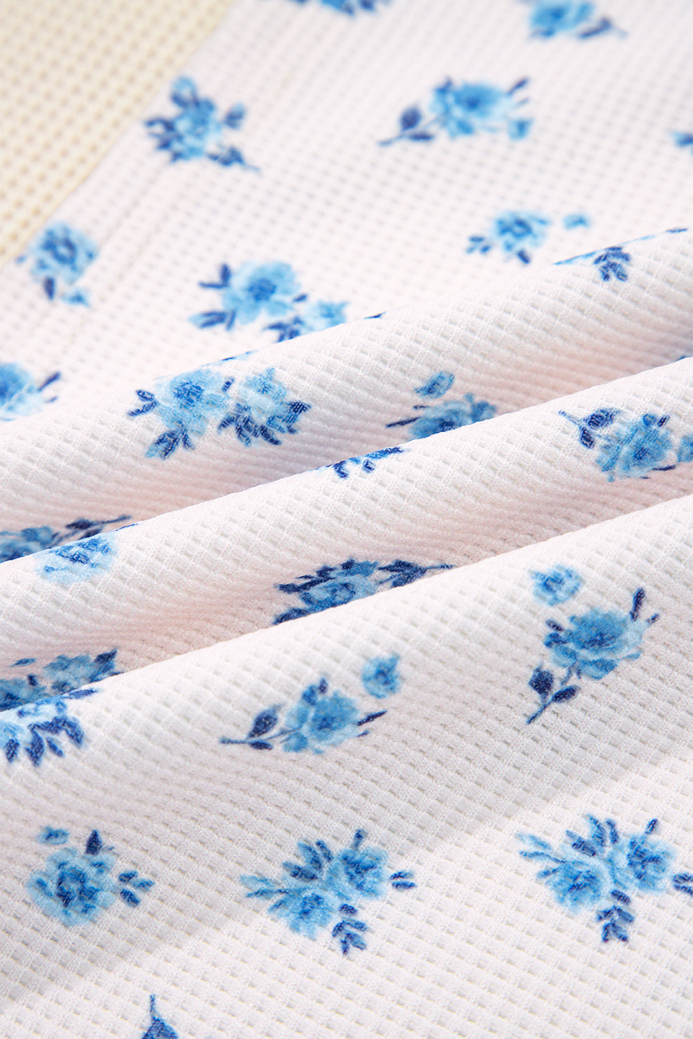 Floral Patchwork Waffle Knit Balloon Sleeve Top