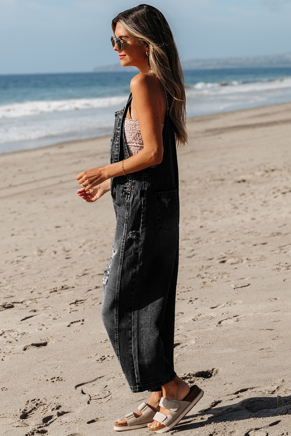 Solid Denim Distressed Bib Pocket Wide Leg Overall