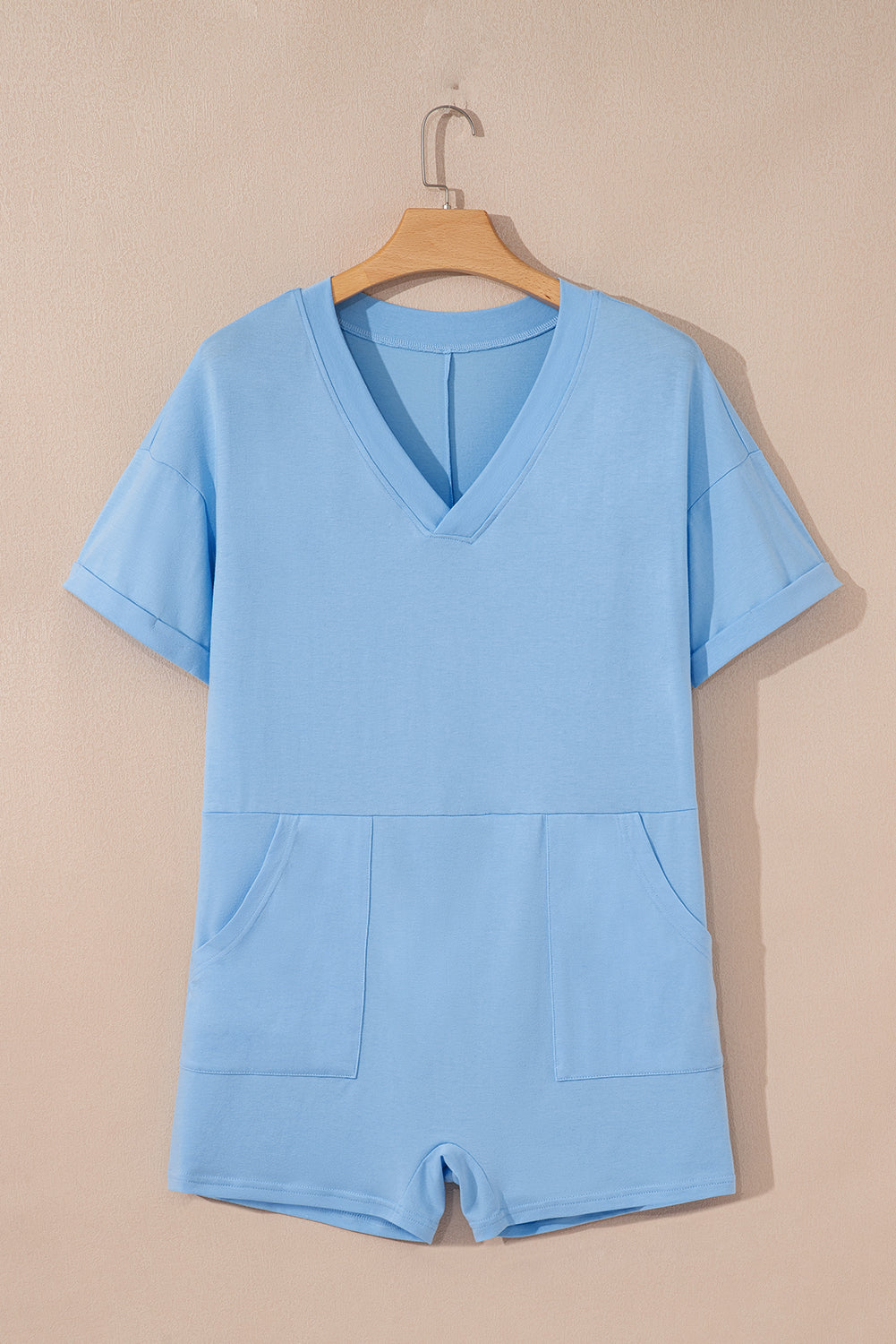 Solid Short Sleeve V-Neck Knit Romper