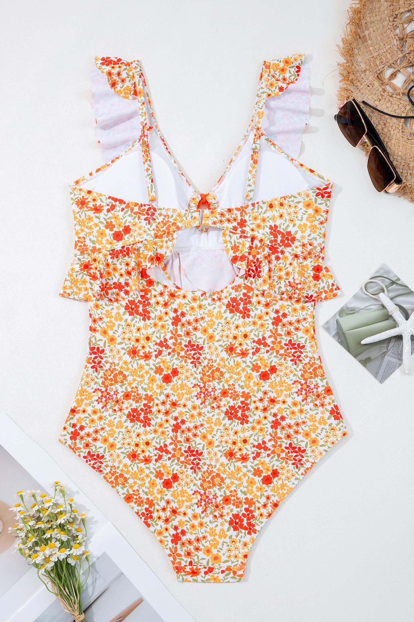 Floral Ruffle Trim Keyhole One-Piece Swimsuit