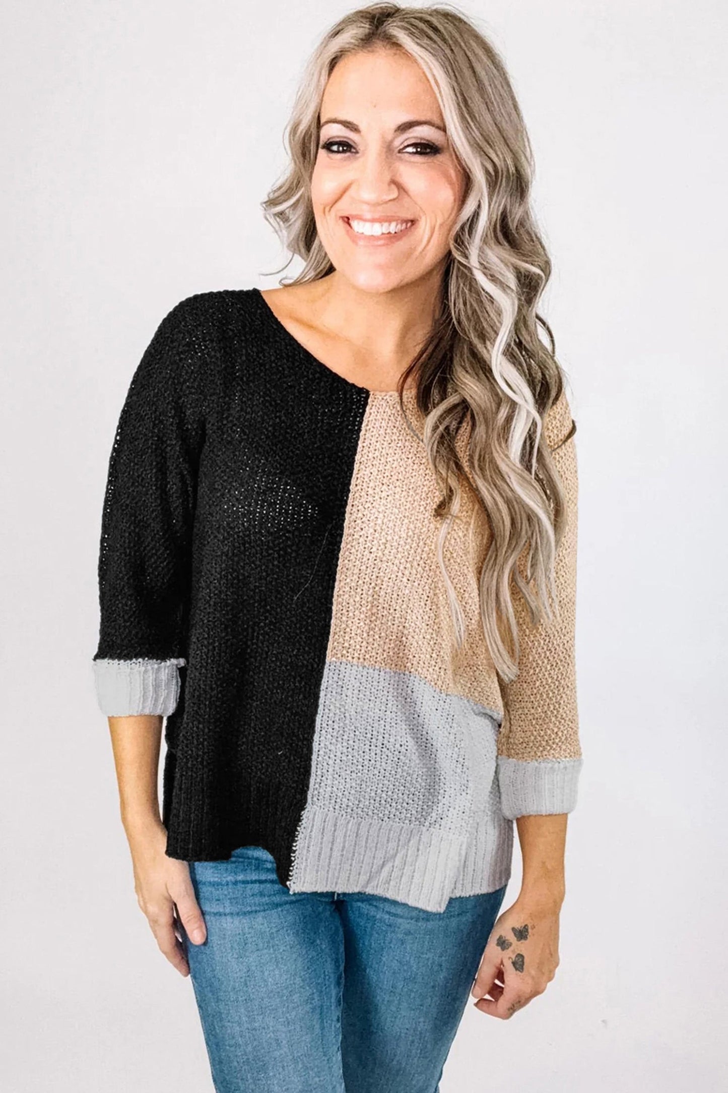 Colorblock Knit V-Neck Sweater