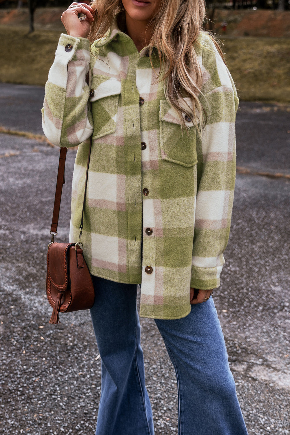 Plaid Button-Up Flap Pockets Shacket