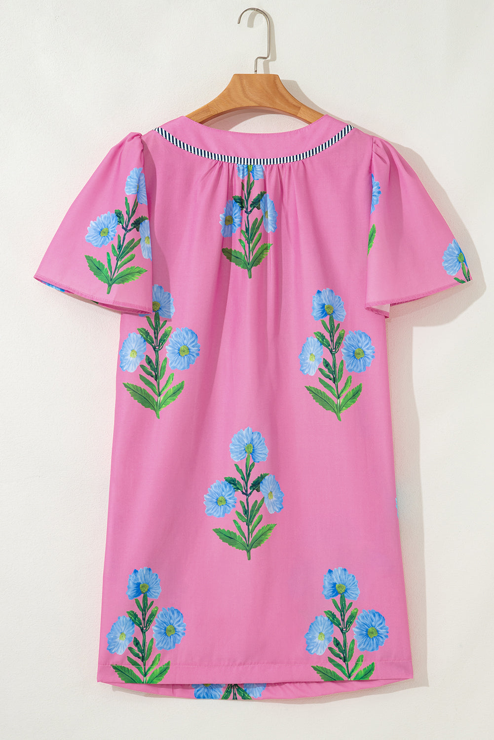 Floral Short Sleeve Split Neck Mini Dress