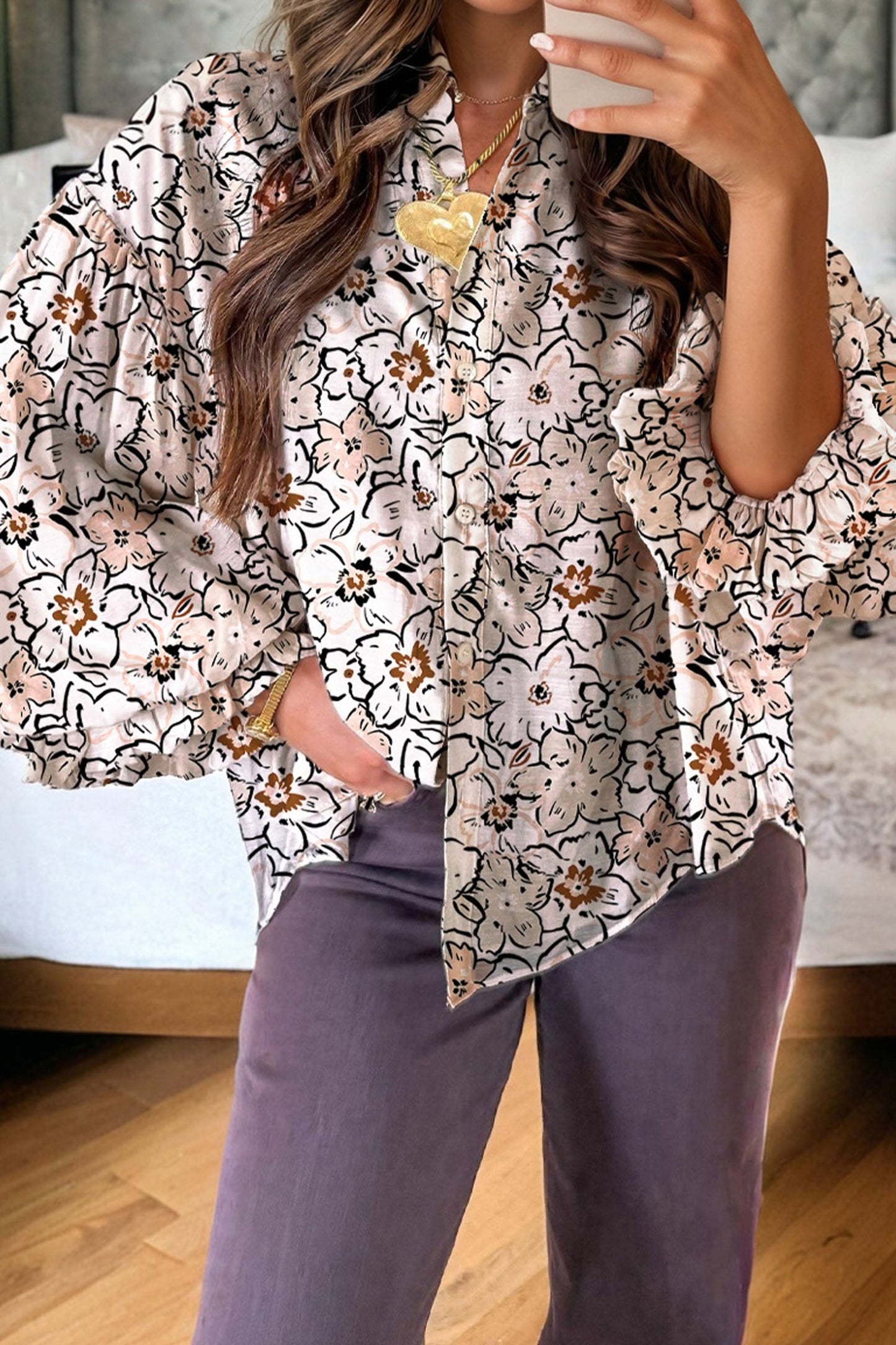 Floral Frilled Puff Sleeve Button Down Shirt