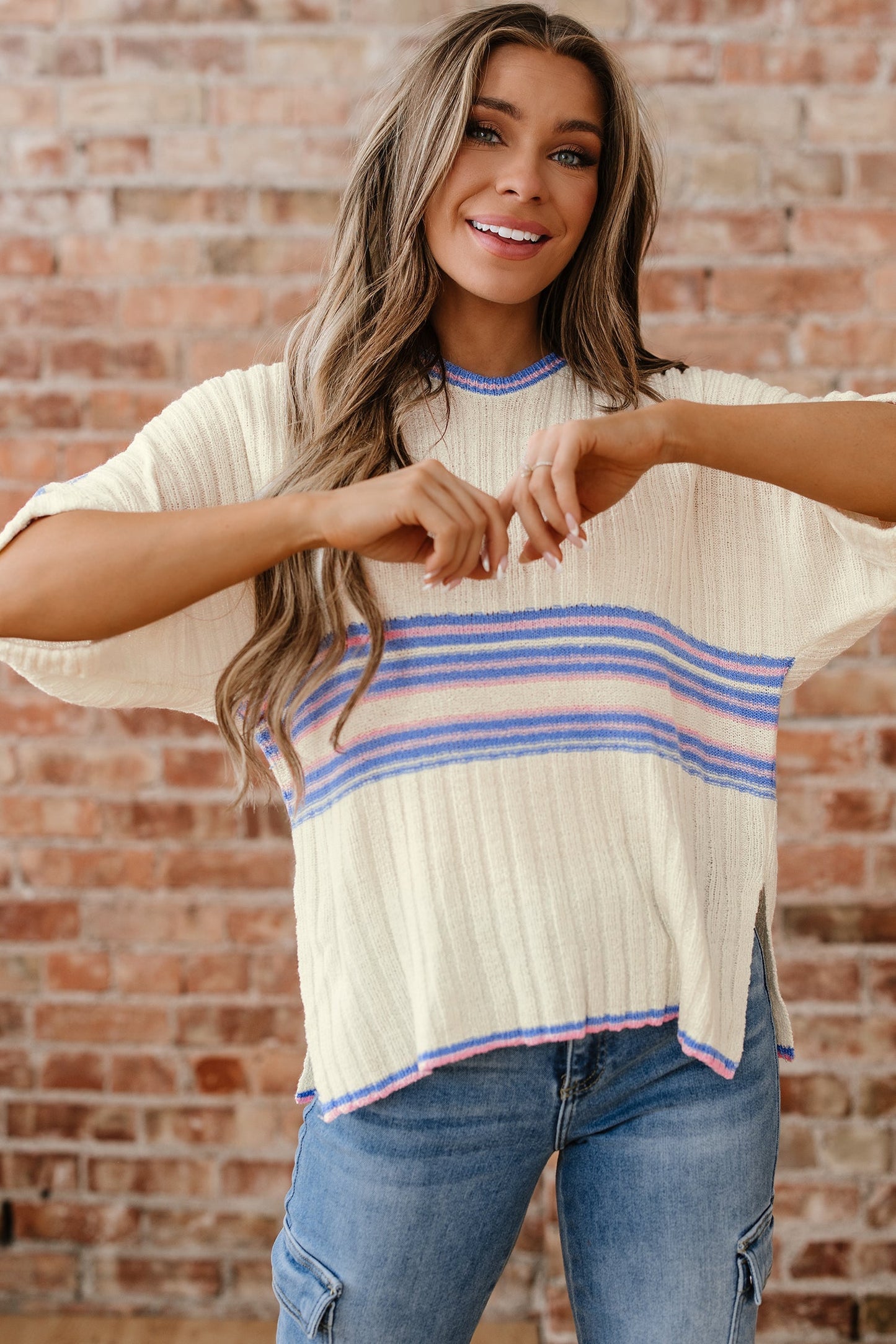 Stripe Ribbed Dolman Sleeve V-Neck Sweater