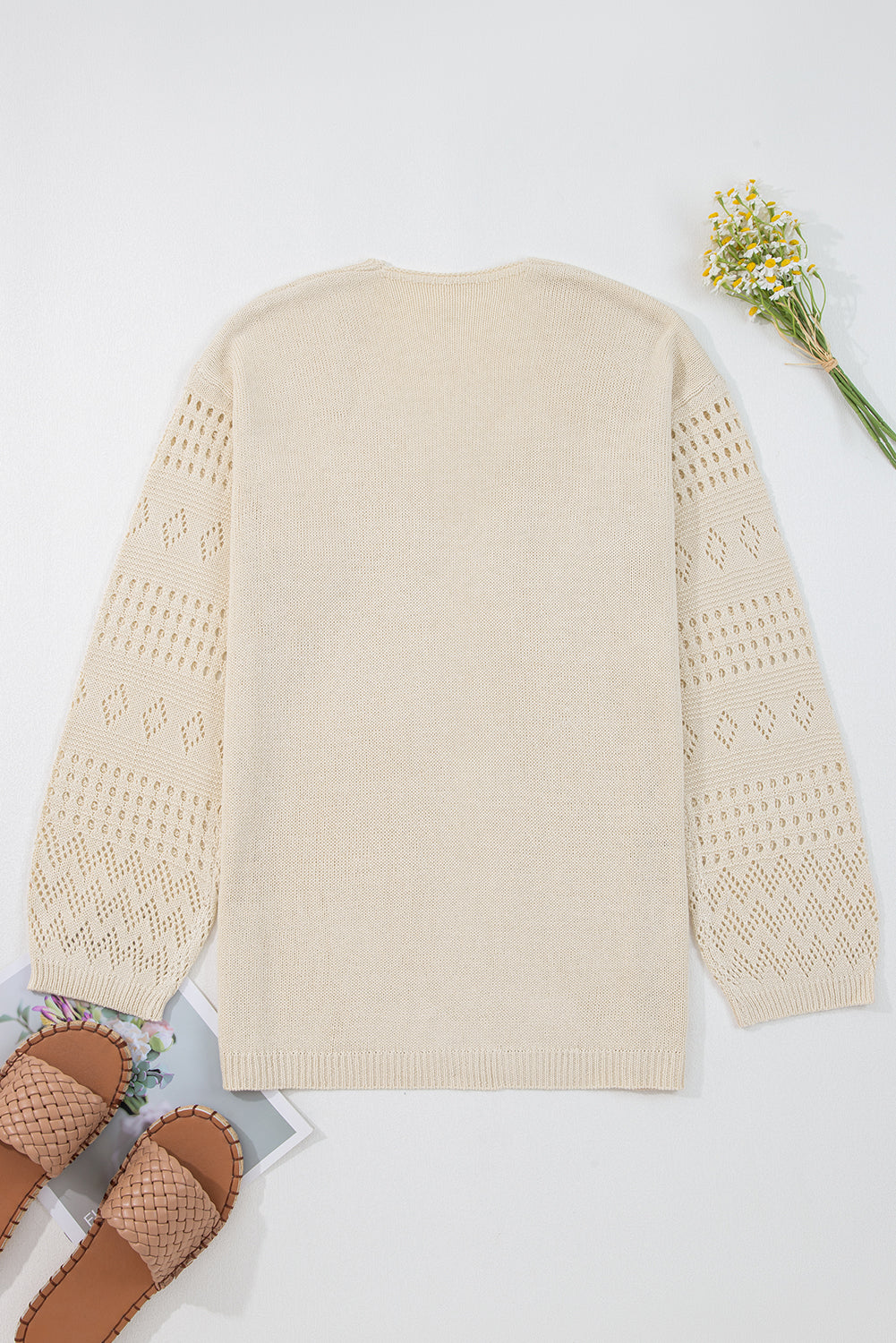 Solid Hollowed Knit Open Front Cardigan Sweater