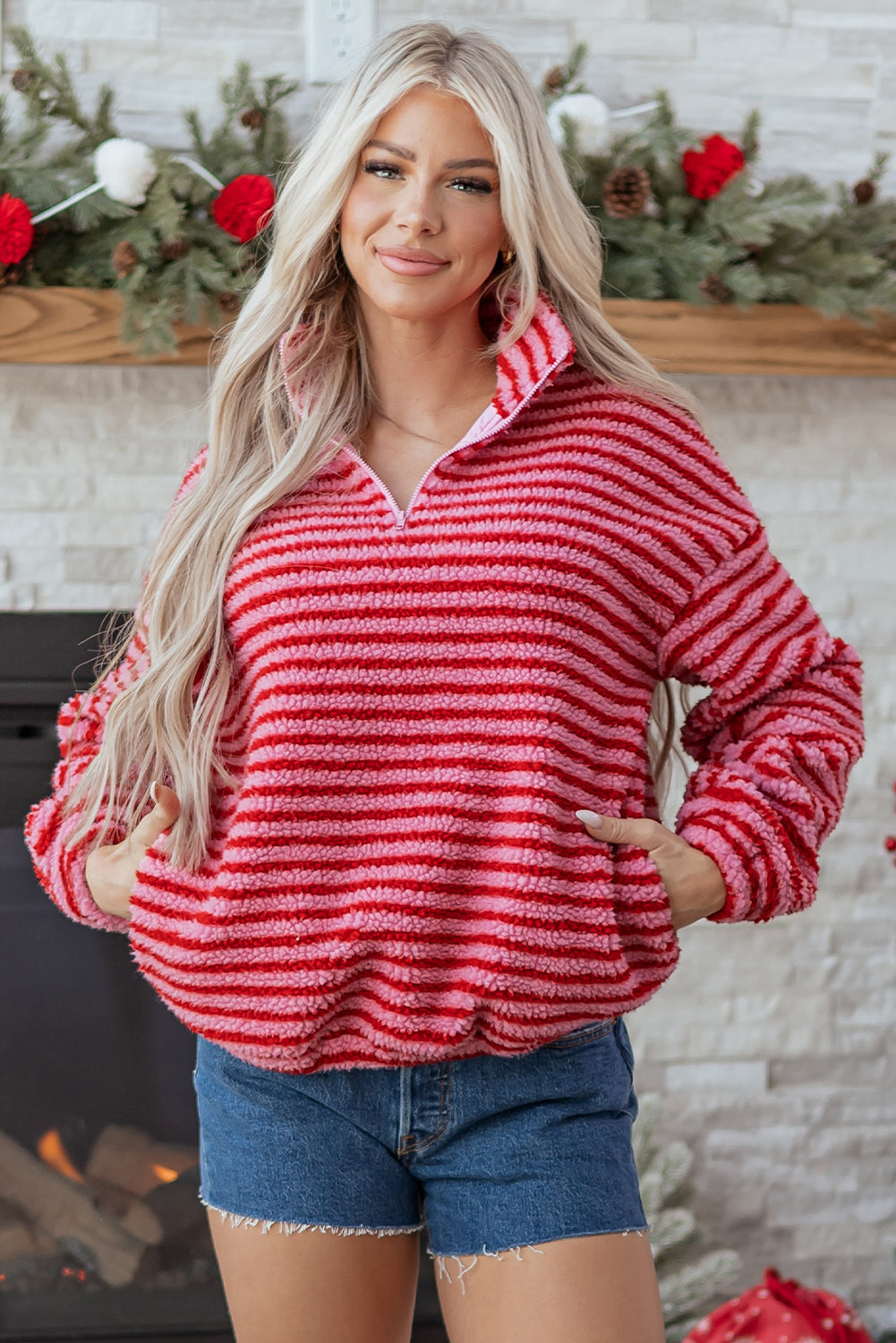 Stripe Fleece Quarter Zip Oversize Sweatshirt