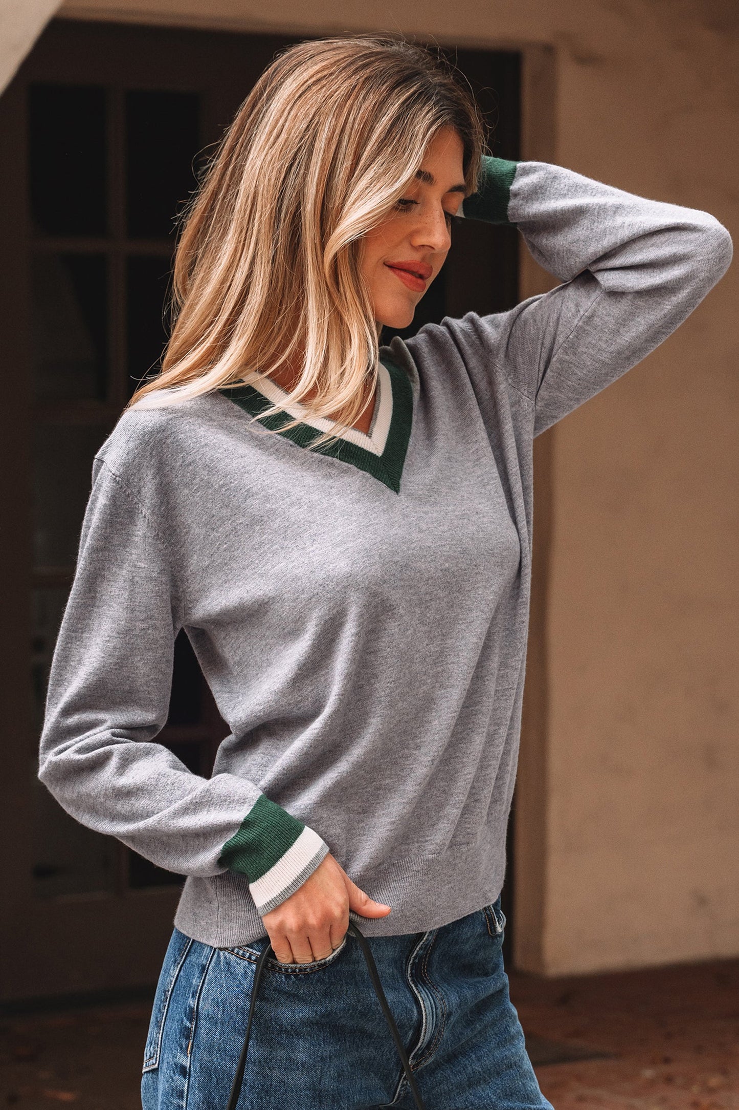 Varsity Stripe Contrast Trim V-Neck Sweater