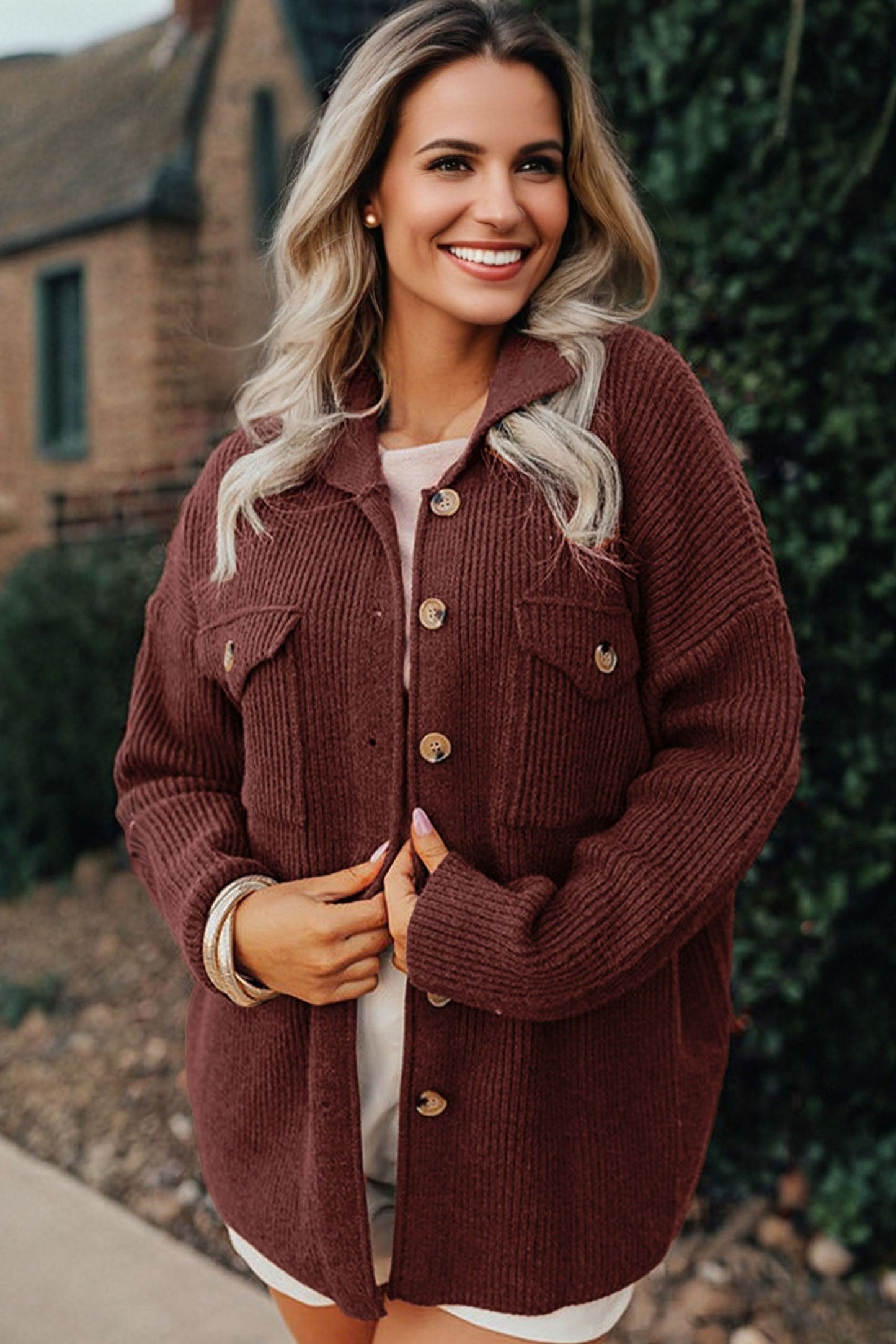 Ribbed Knit Flap Pocket Button-Up Shacket