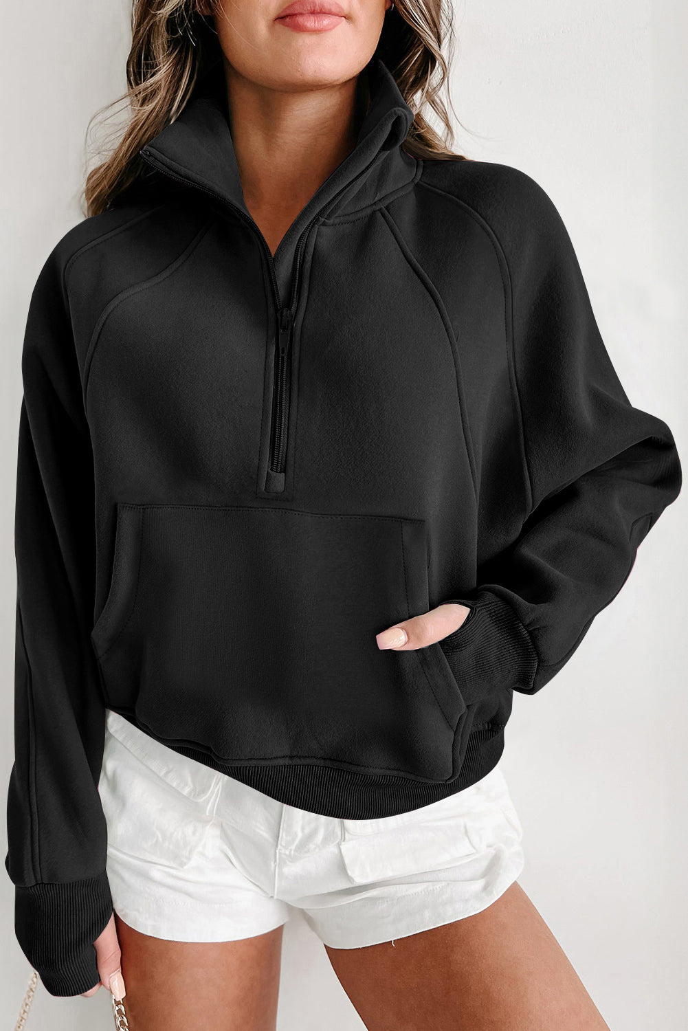 Solid Fleece-Lined Half-Zip Up Collar Sweatshirt