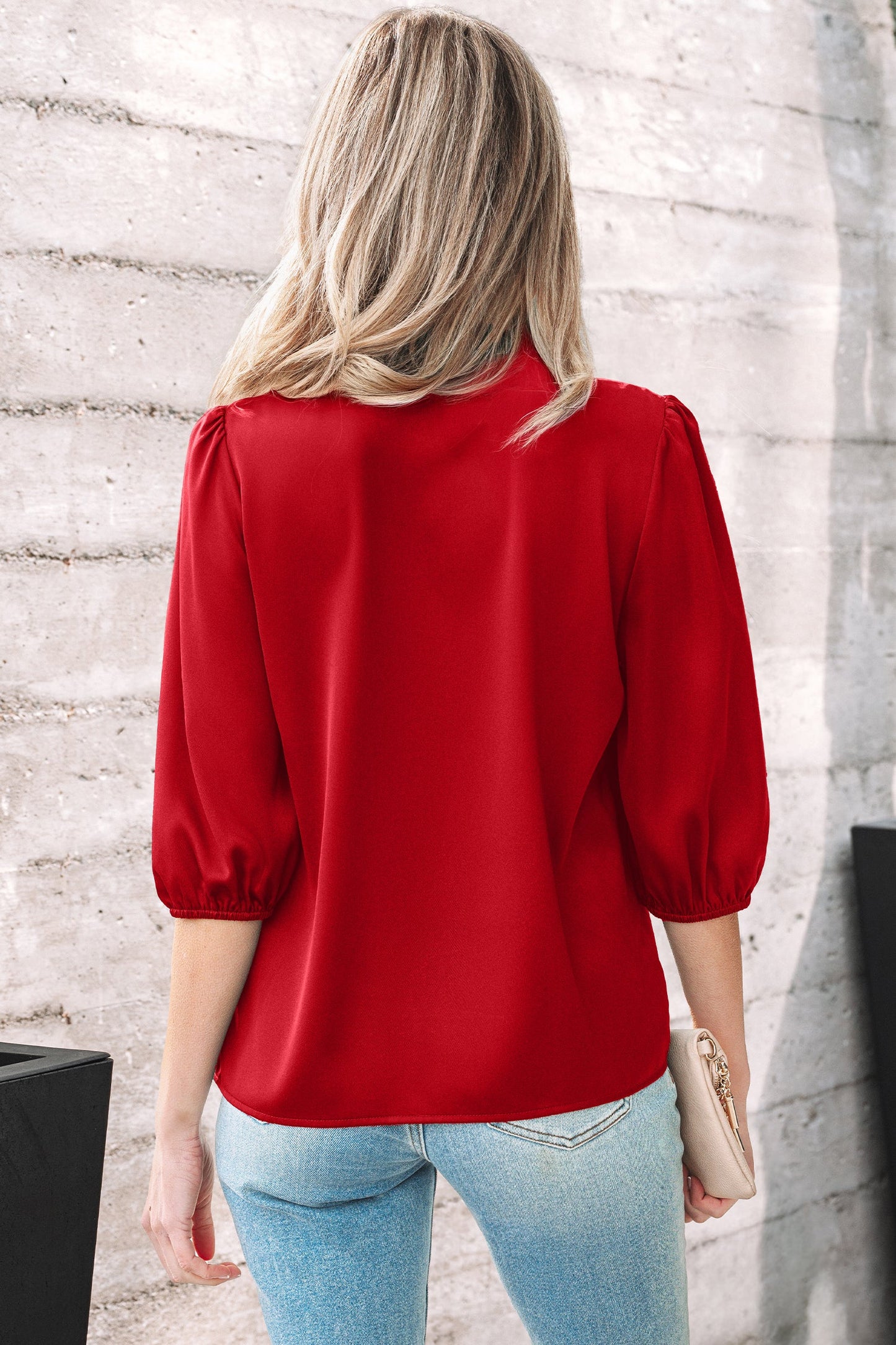 Solid Frilled Bow Tie V-Neck 3/4 Sleeve Blouse
