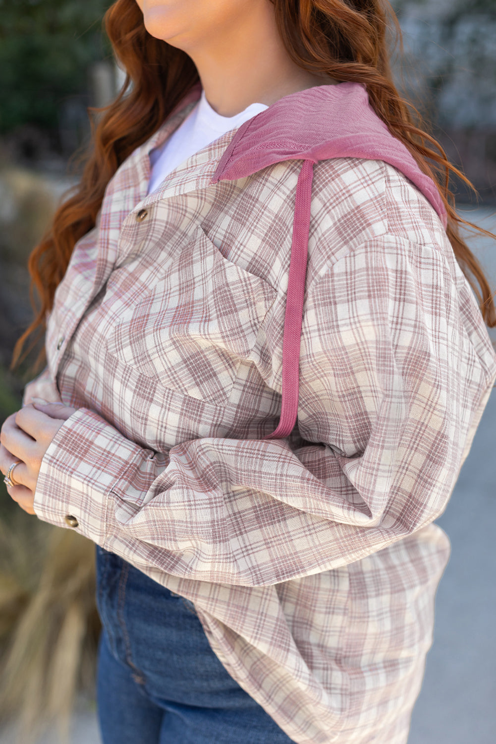 Plus Size Plaid Button-Up Chest Pocket Hooded Shirt