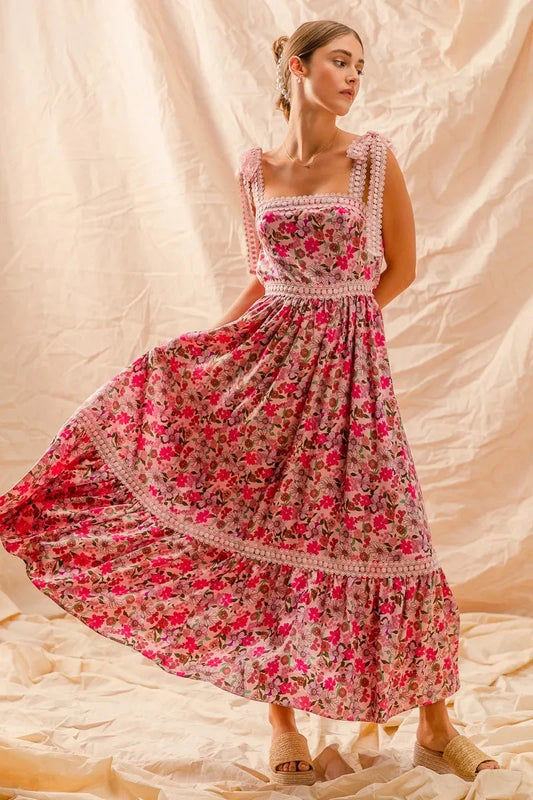 SO ME Floral Maxi Dress with Ribbon Tie Lace Strap
