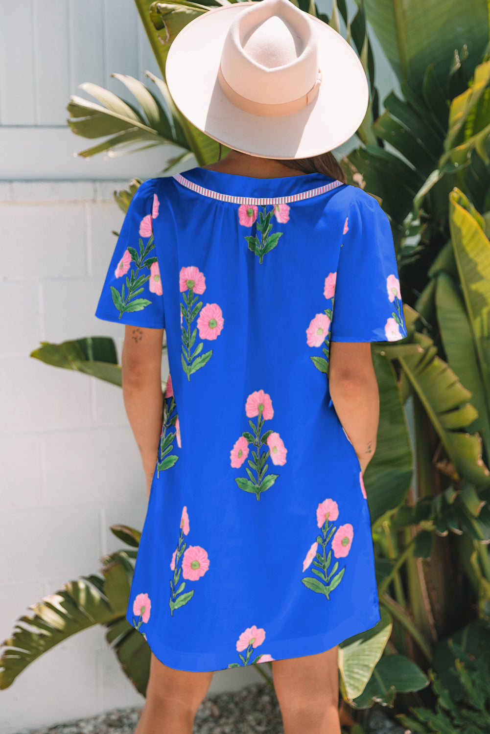 Floral Short Sleeve Split Neck Mini Dress