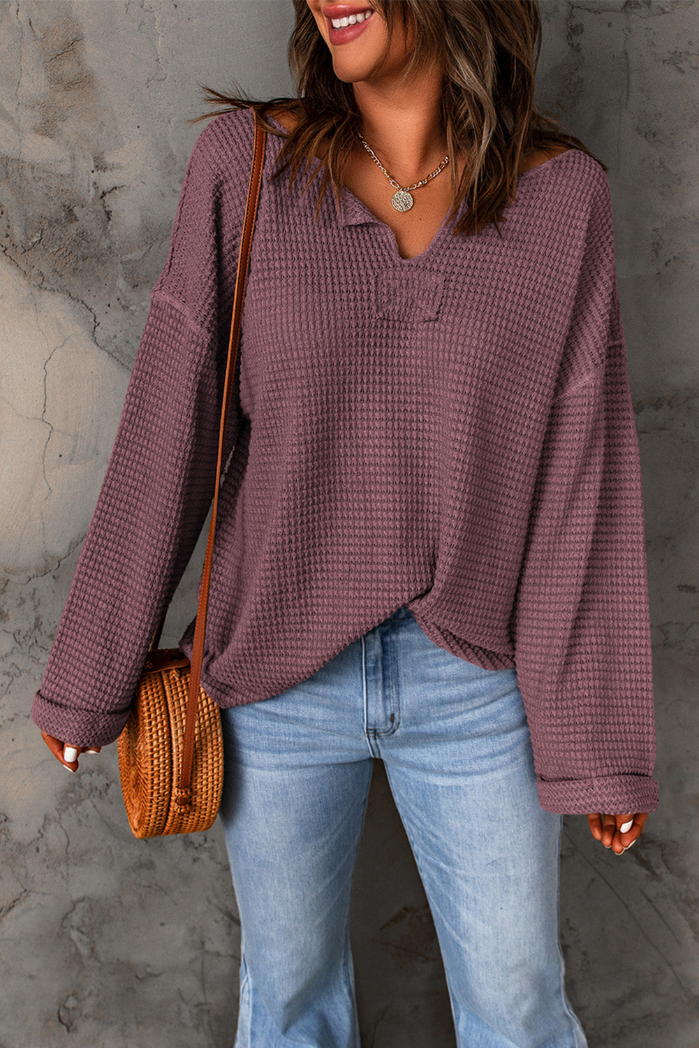 Solid Waffle Knit Long Sleeve Top
