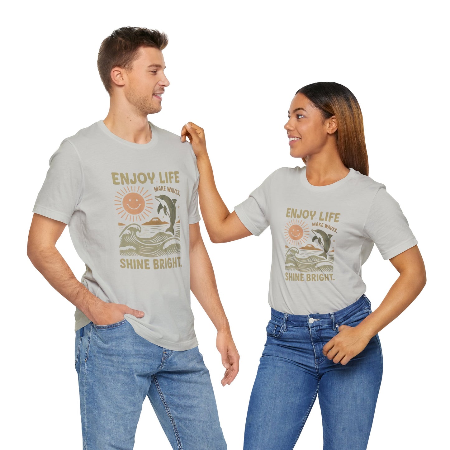 Enjoy Life Short Sleeve Tee - Retro Beach Vibes, Summer Style, Perfect Gift, Casual Wear, Dolphin Design, Fun Shirt