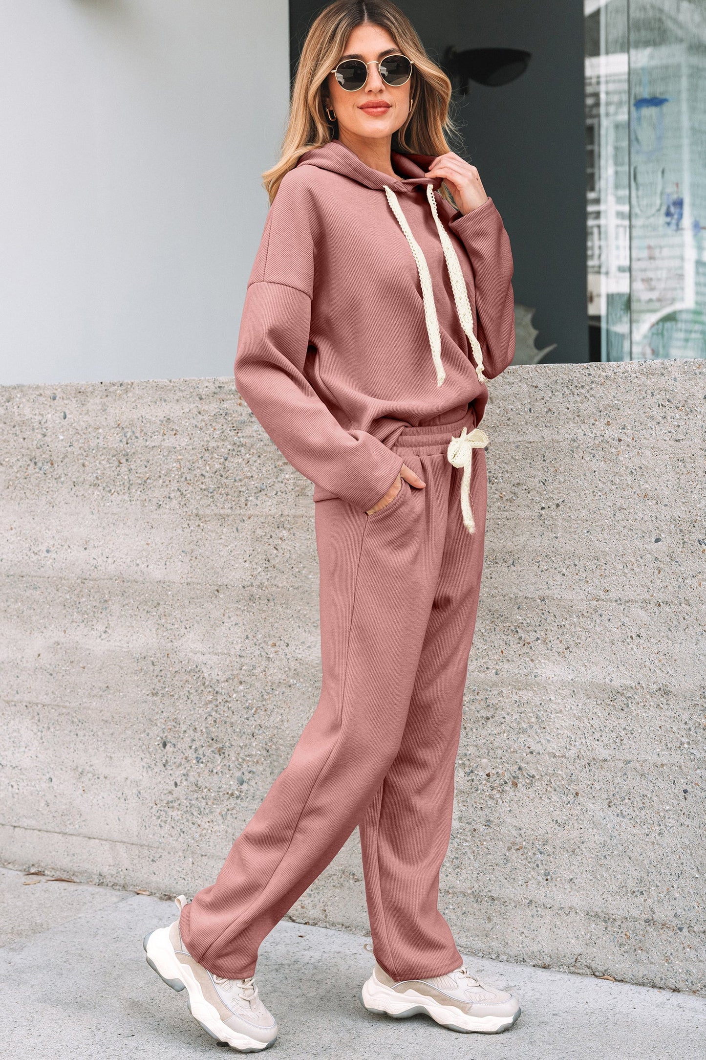 Solid Corduroy Lace Hoodie and Pants Set